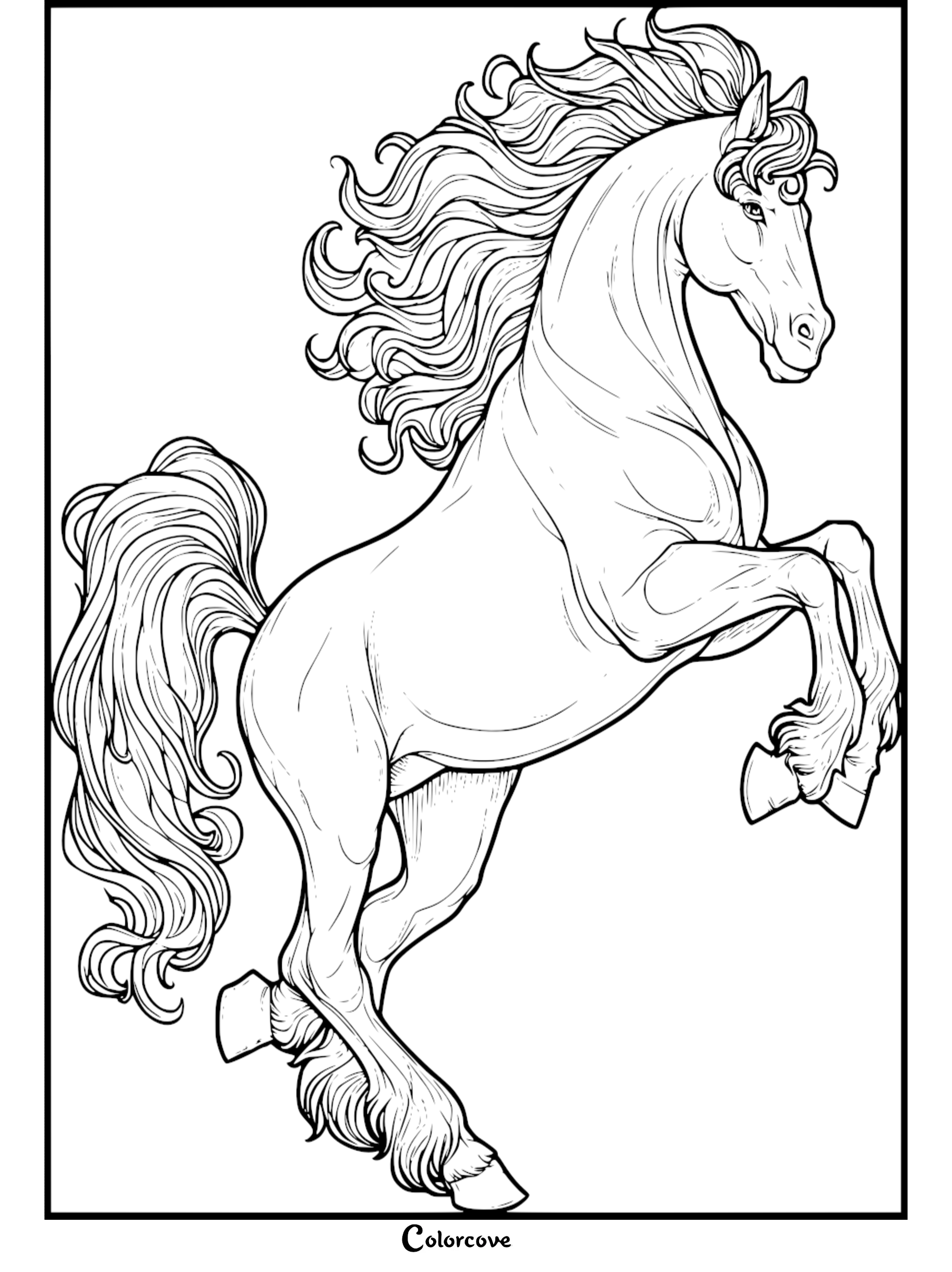 Majestic horse rearing coloring page with flowing mane, detailed line art, perfect for kids and adults to color.