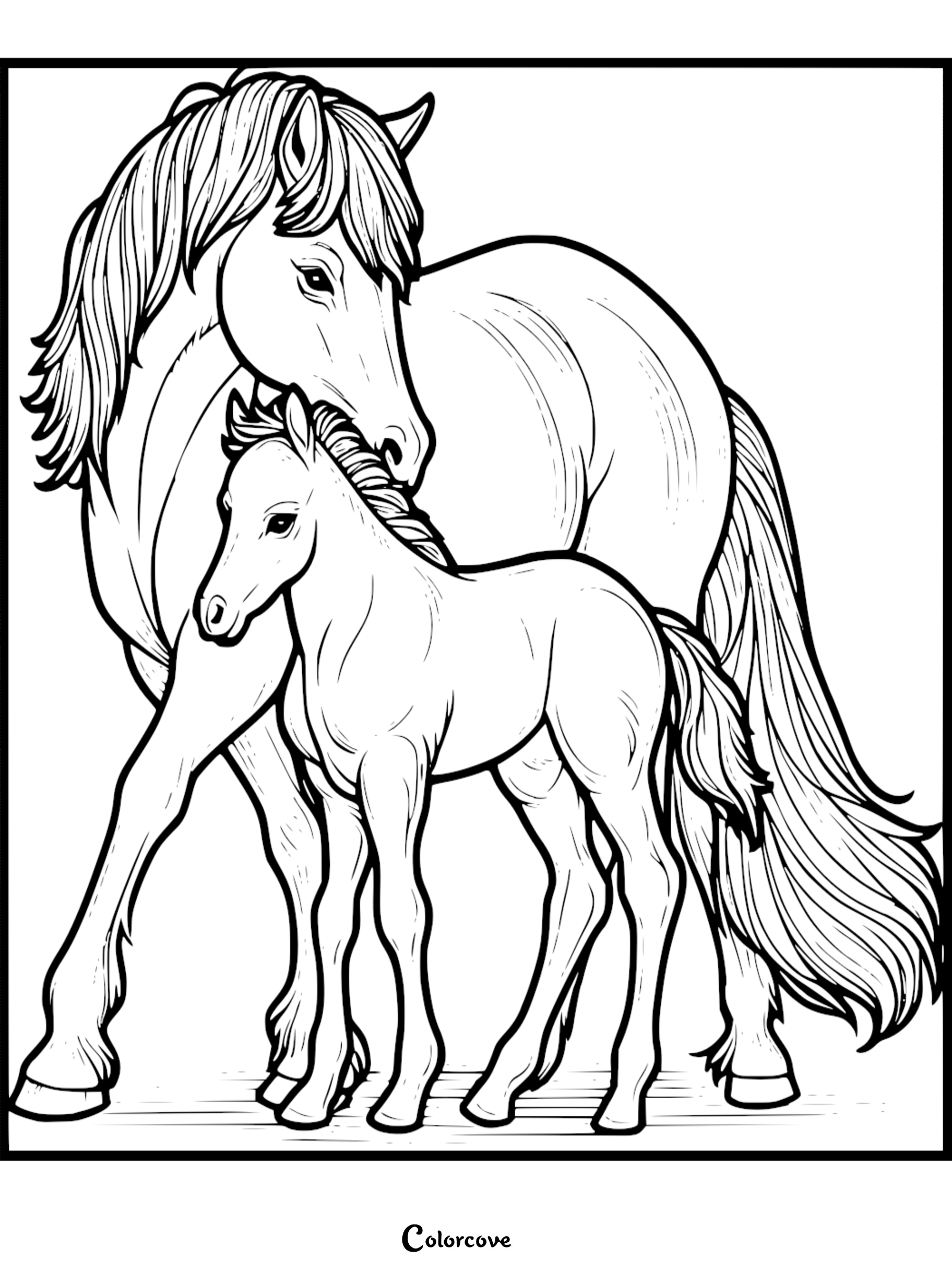 Horse and foal coloring page - mother horse nurturing young. Printable animal illustration for kids.