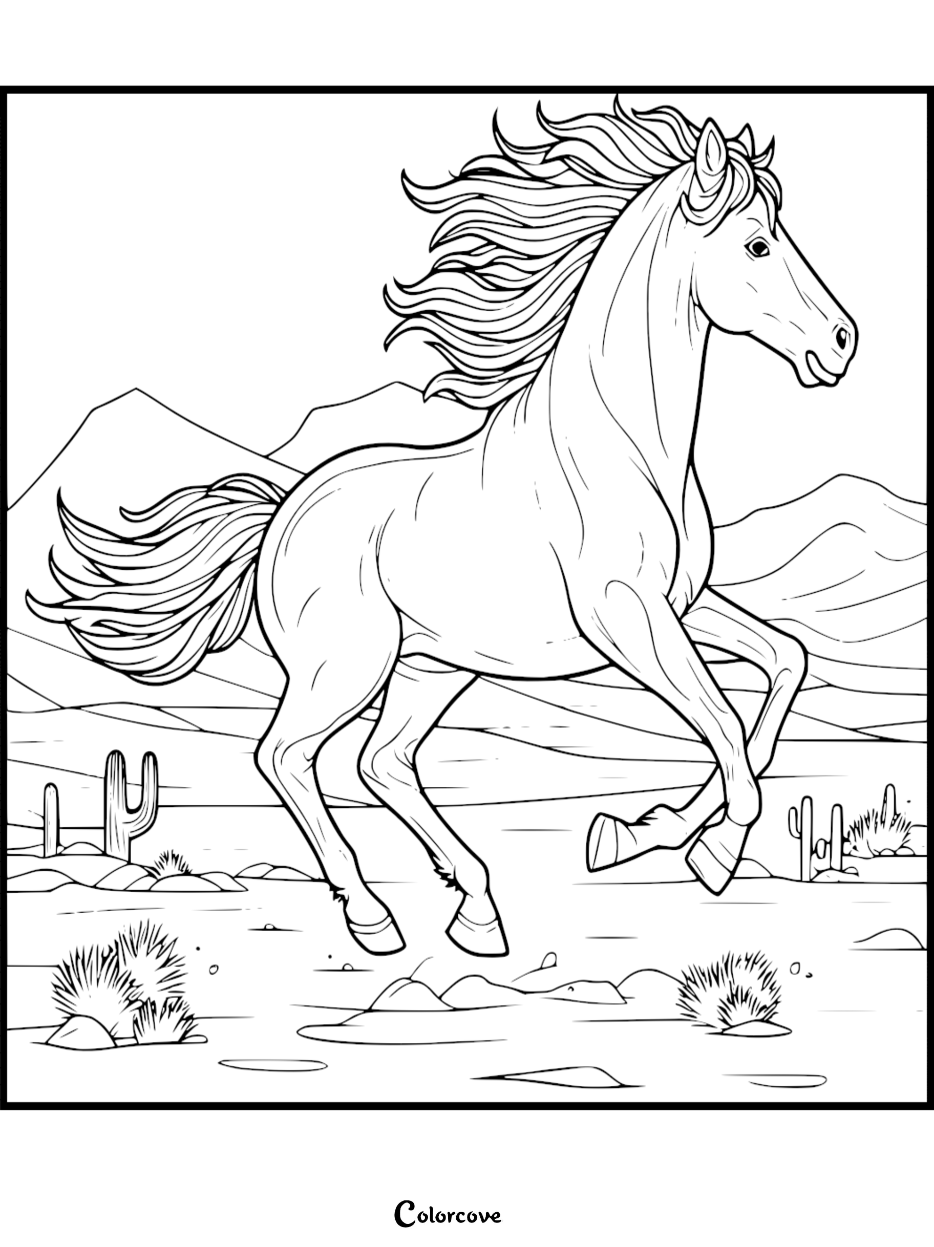 Majestic horse running through desert landscape coloring page with mountains and cacti in background.