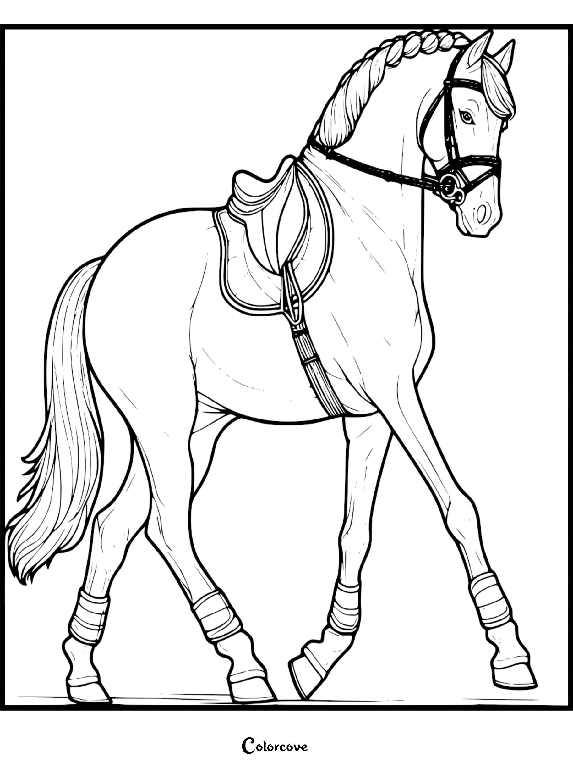 Coloring page of a horse with saddle and bridle in a trotting pose. Perfect for kids and horse lovers to color.