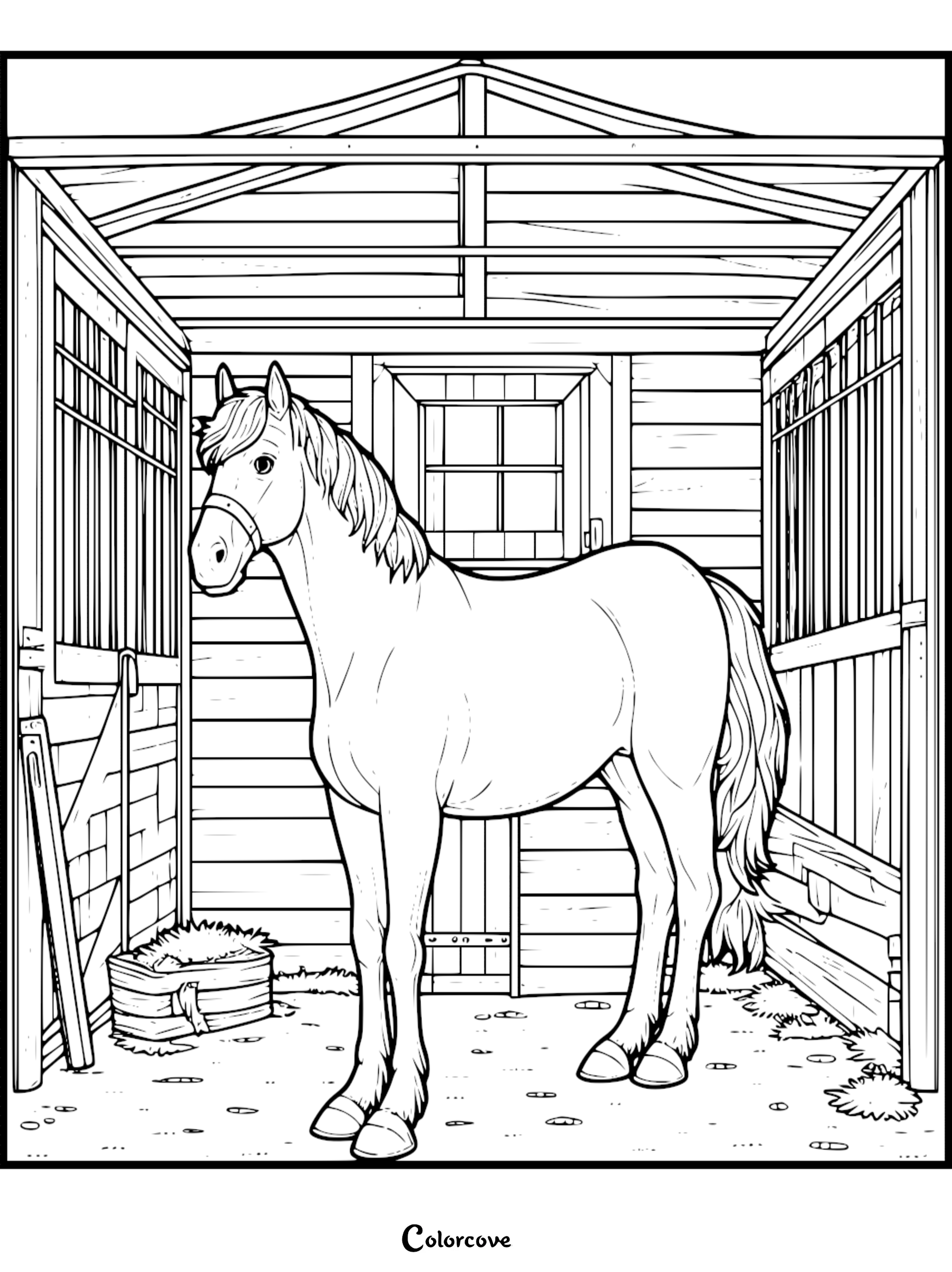 Horse coloring page in a stable with detailed wooden textures and hay for kids and adults.