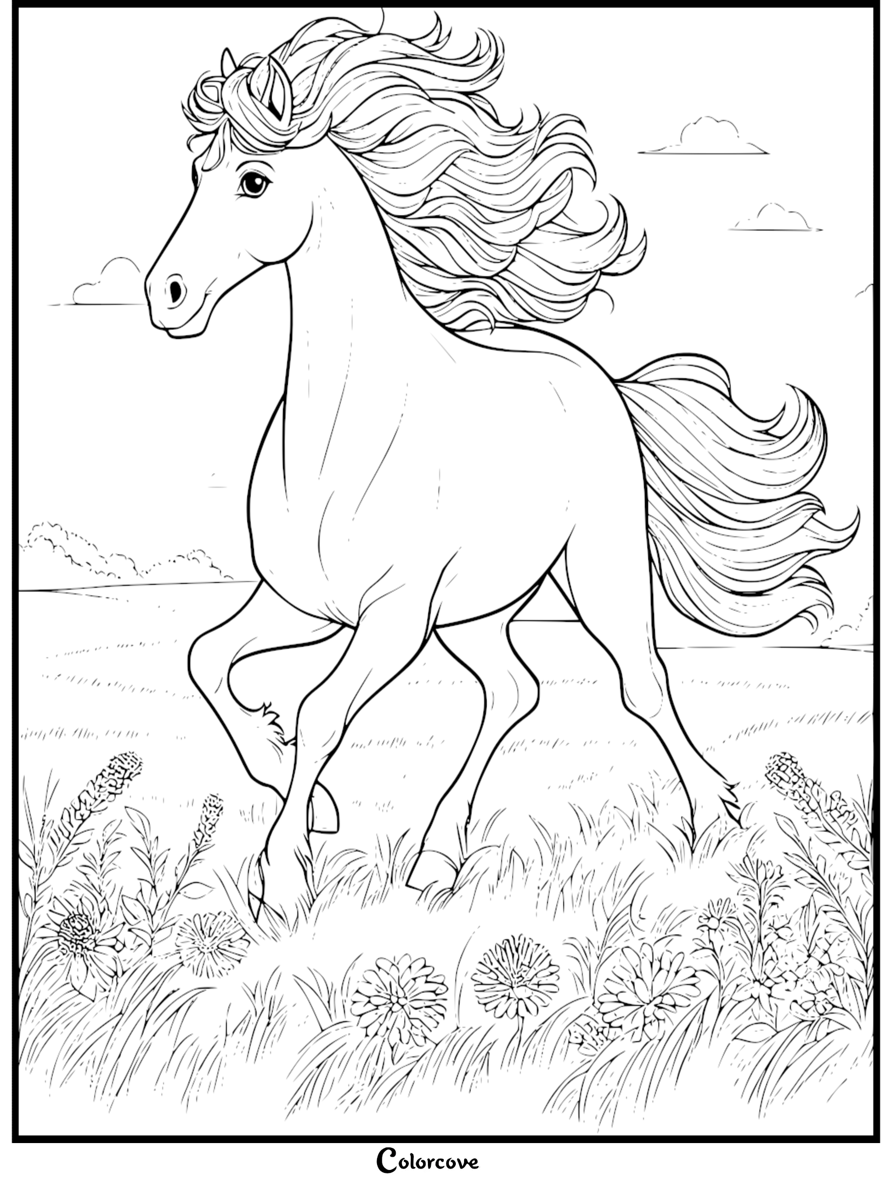 Horse coloring page: A majestic horse gallops through a flower-filled meadow under a bright, cloudy sky.