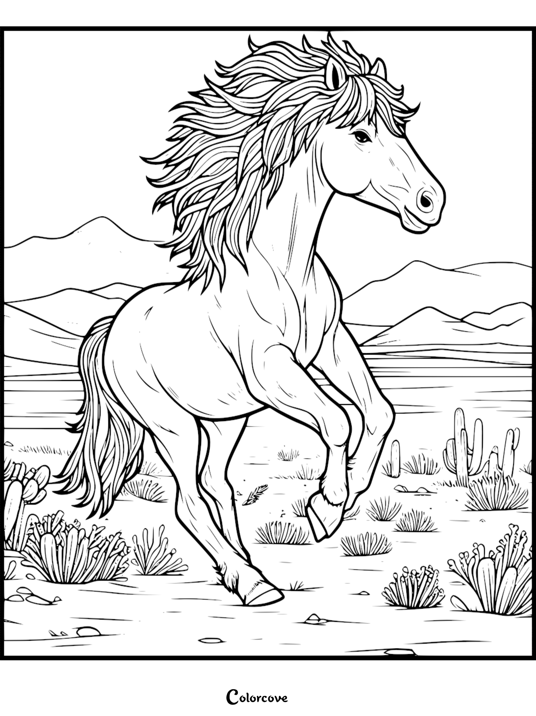 Wild horse coloring page with desert landscape, cacti, and mountains in the background. Perfect for kids and adults.