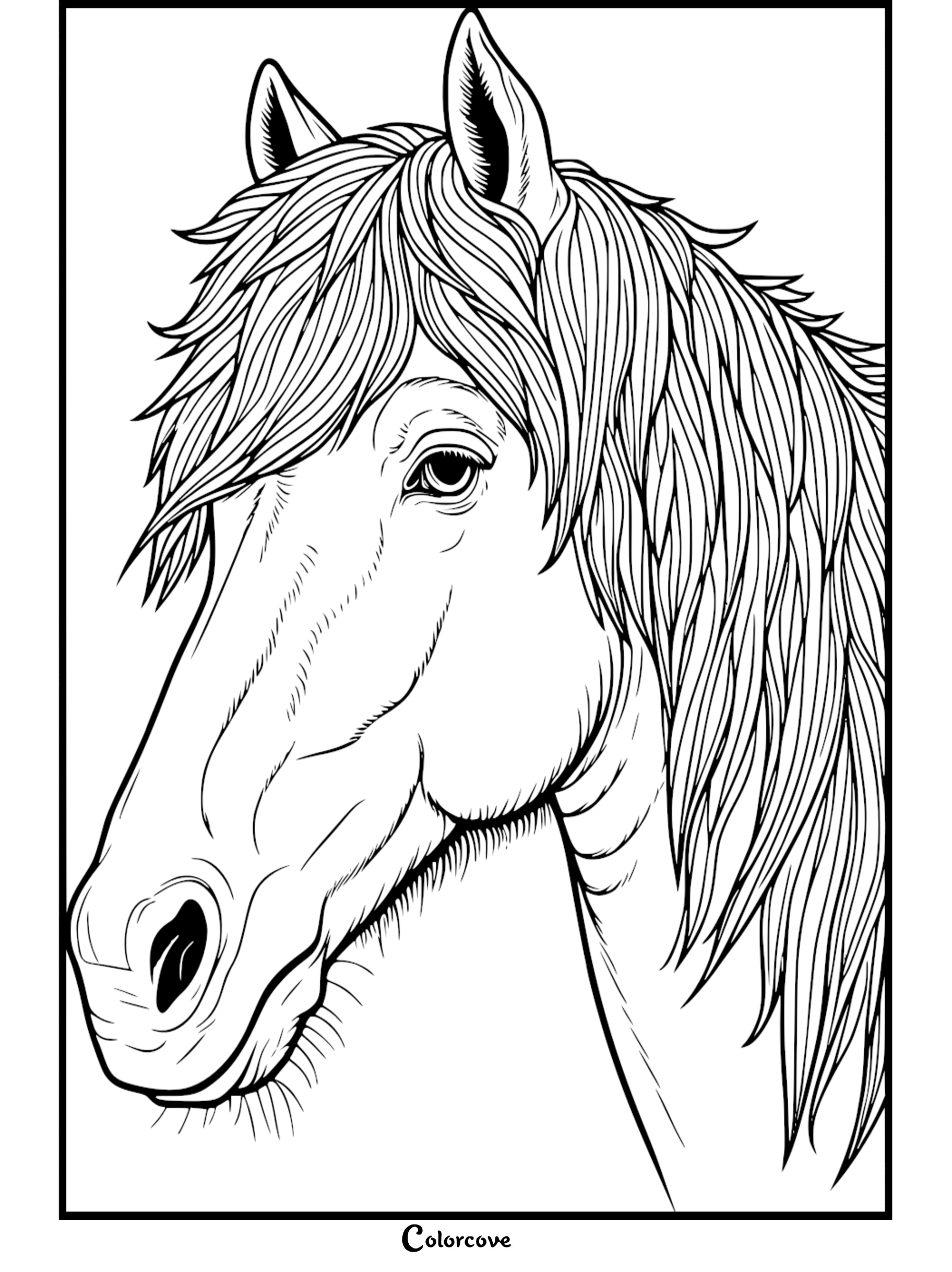 Horse coloring page with detailed mane, perfect for kids and adults. Printable line art for creative coloring fun.