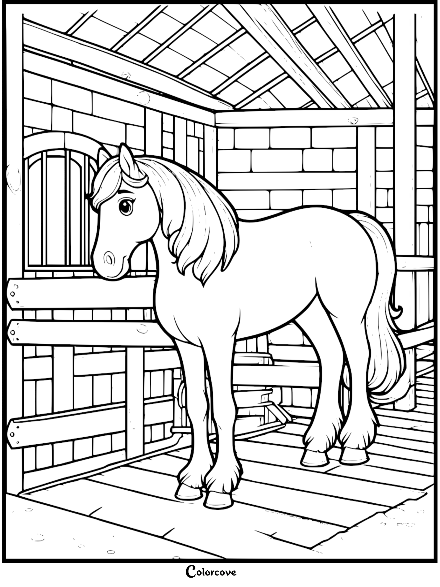 Cute horse coloring page in a barn setting for kids' creativity and fun coloring activities.