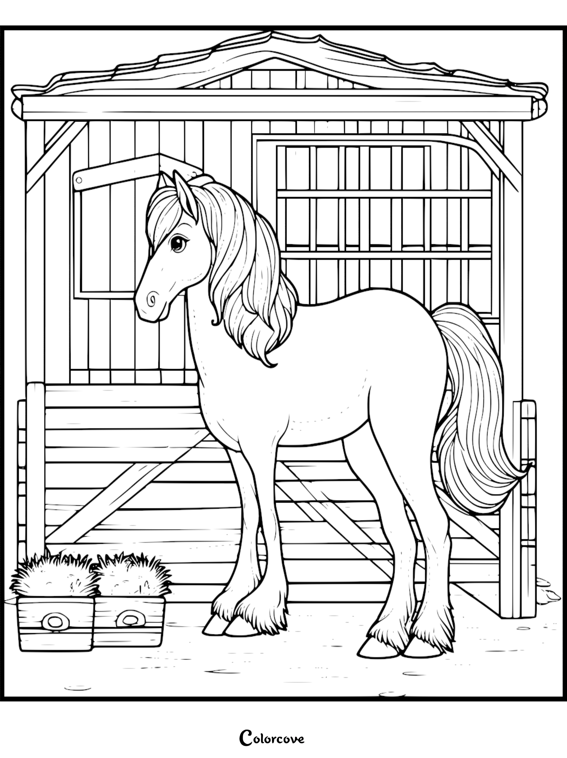 Horse in a stable coloring page with feed buckets, ideal for kids' activities.