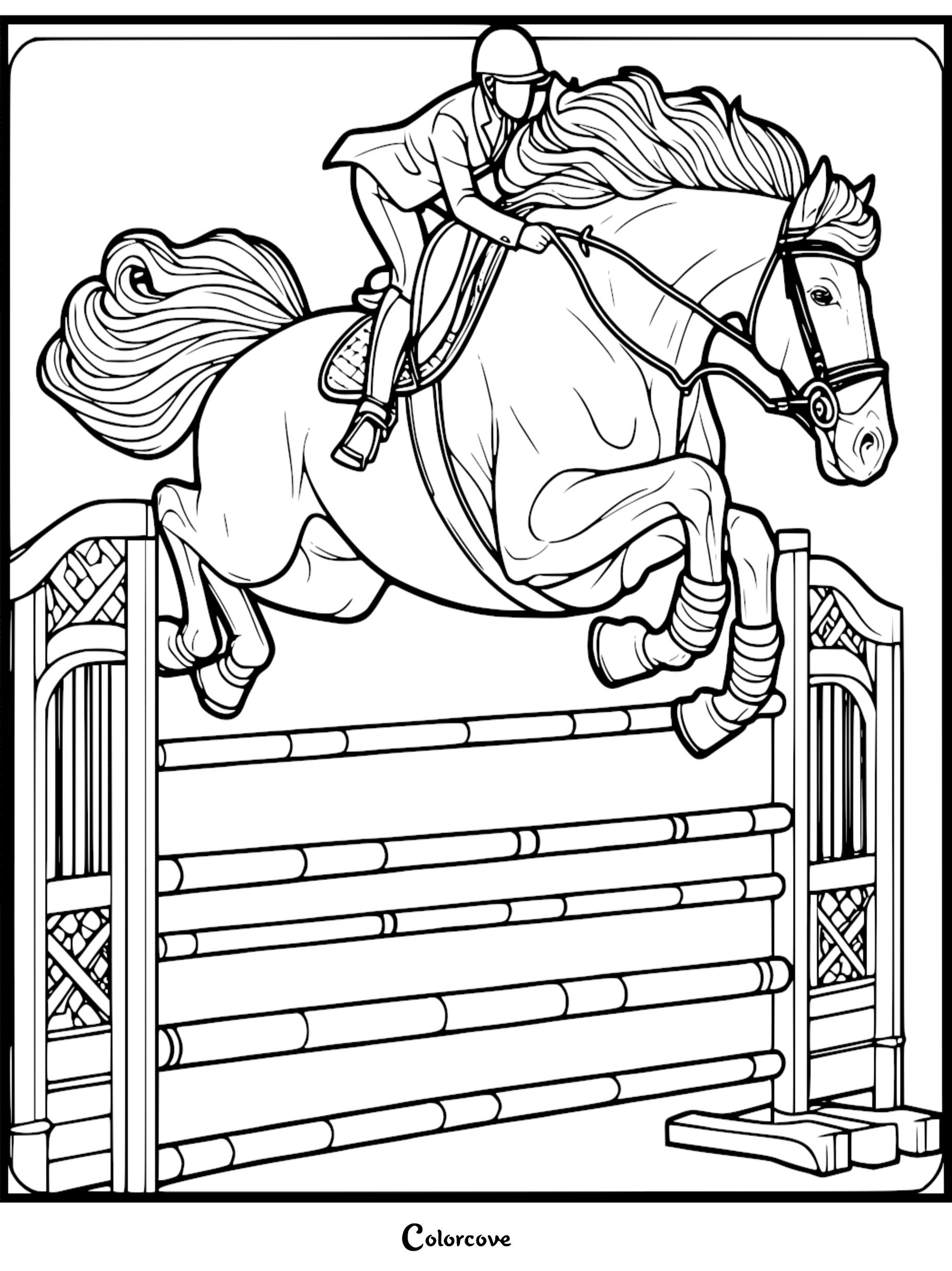 Equestrian coloring page featuring horse and rider jumping over a hurdle. Perfect for horse lovers and coloring enthusiasts.