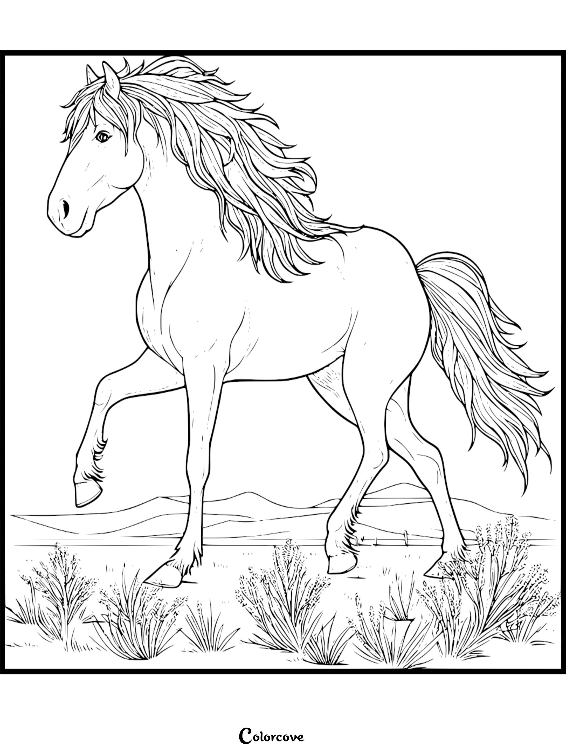 A detailed horse coloring page with flowing mane, perfect for kids and adults to color in.