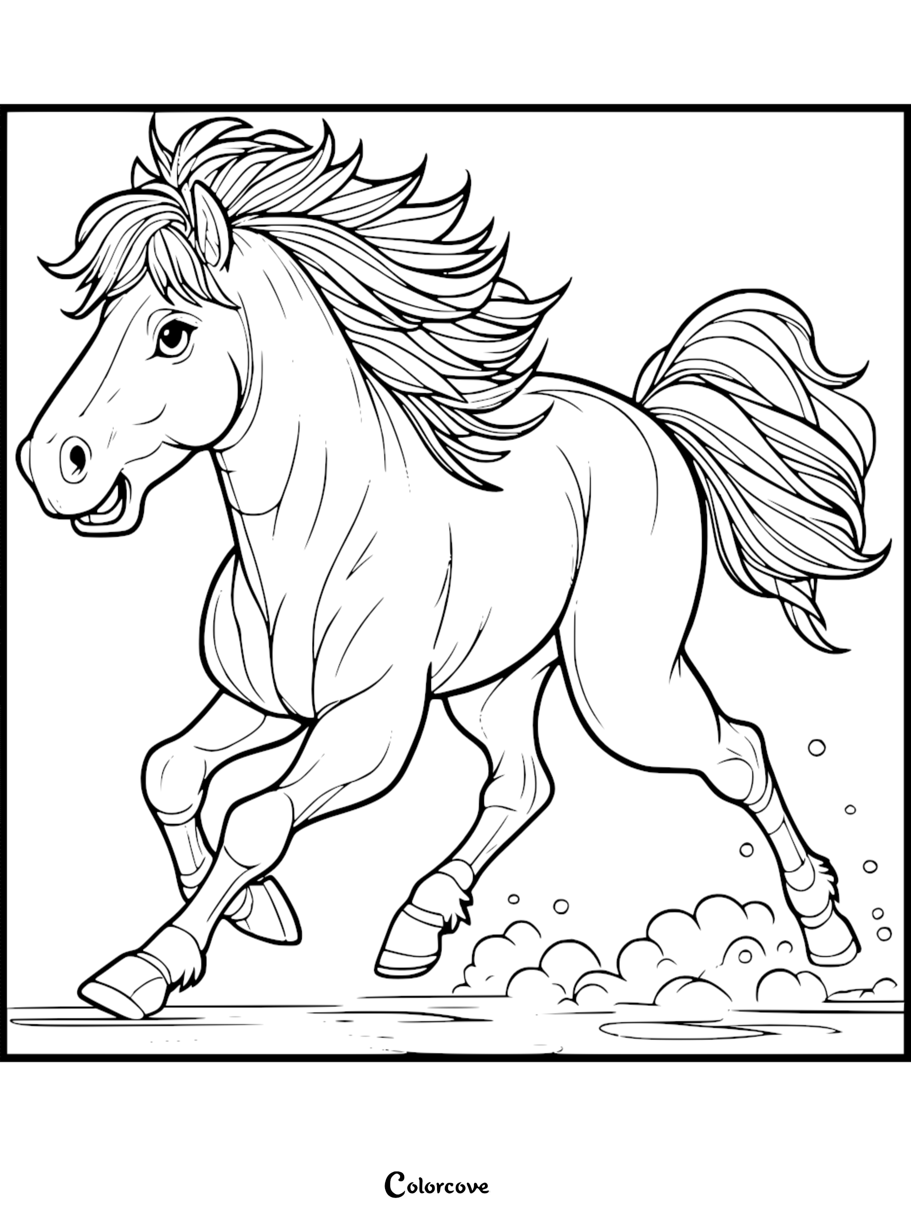 Coloring page of a galloping horse with flowing mane and tail, designed for kids and horse enthusiasts.