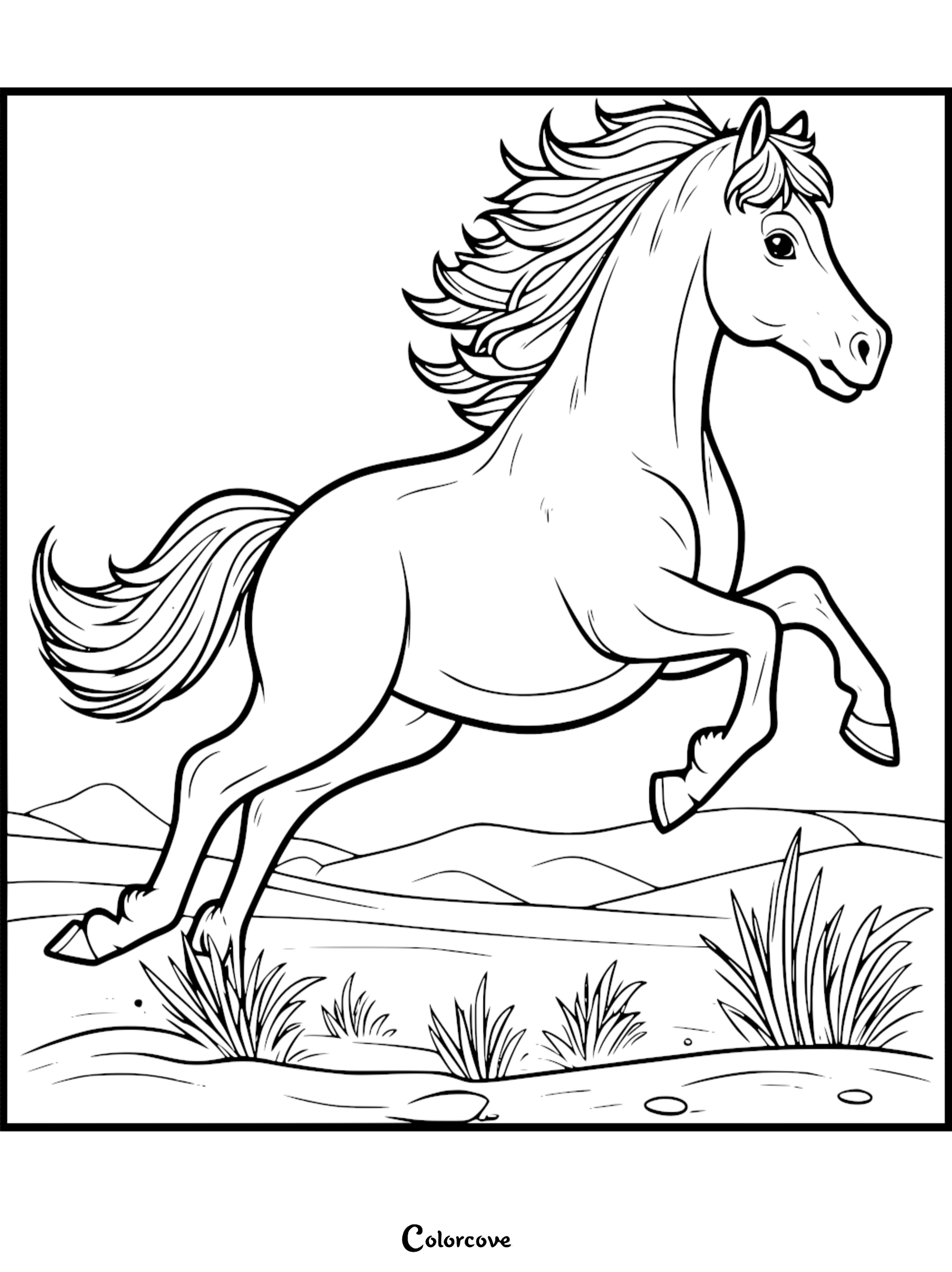 Coloring page of a galloping horse in a scenic landscape, perfect for kids and adults to color creatively.