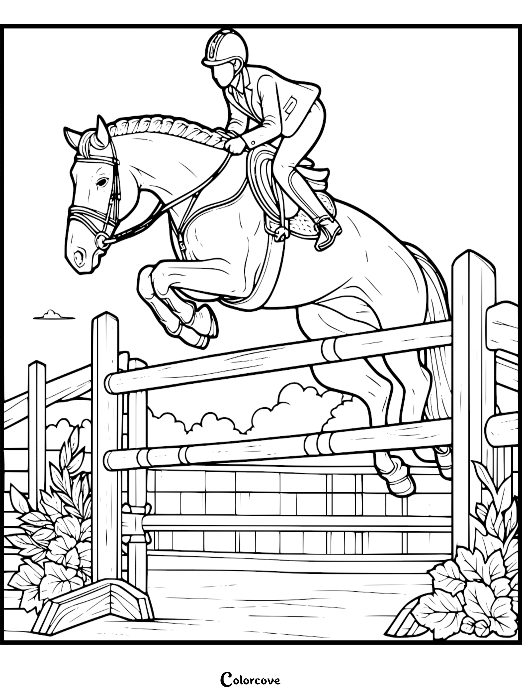 Horse jumping coloring page with rider over a fence, detailed line art for kids and adults.