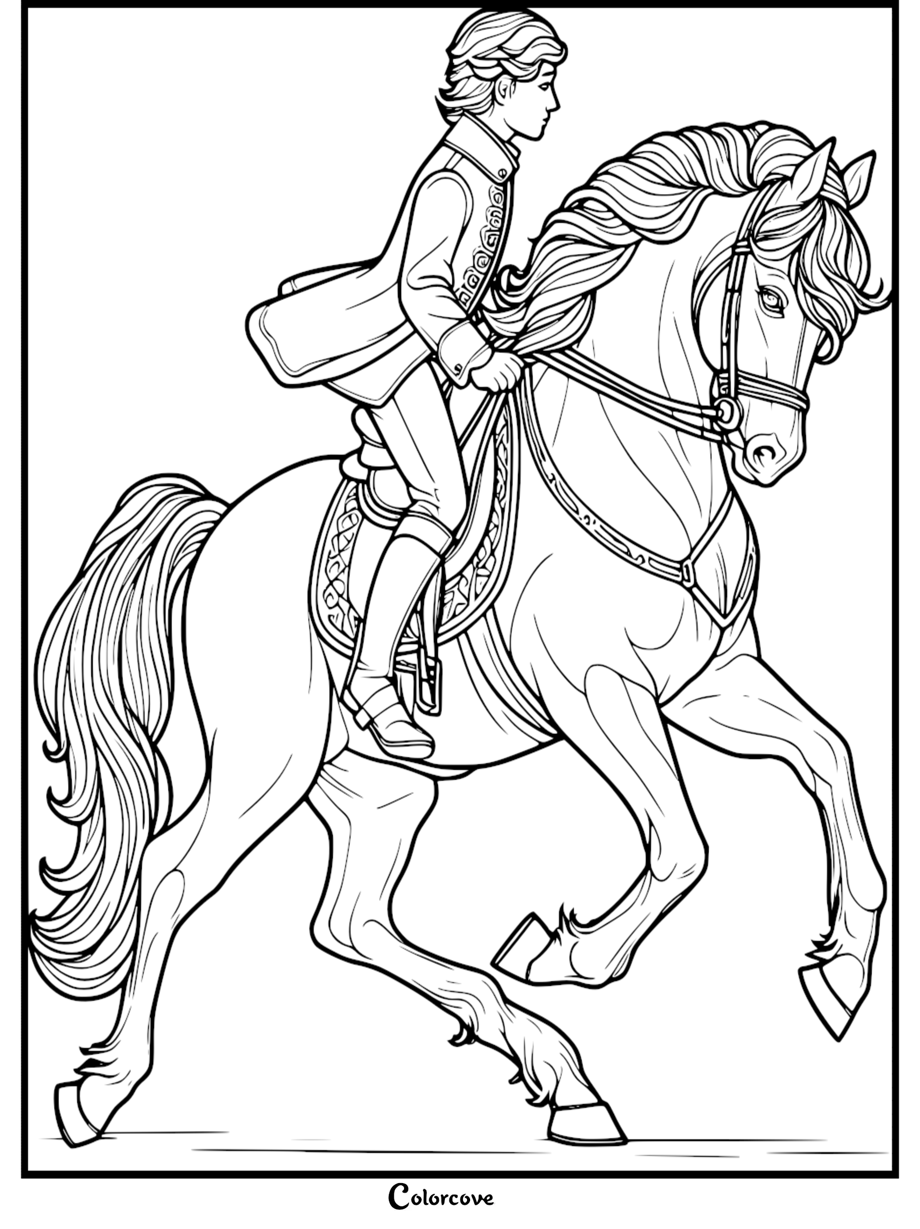 Man in elegant attire riding a horse coloring page for kids and adults. Perfect for relaxation and creativity.