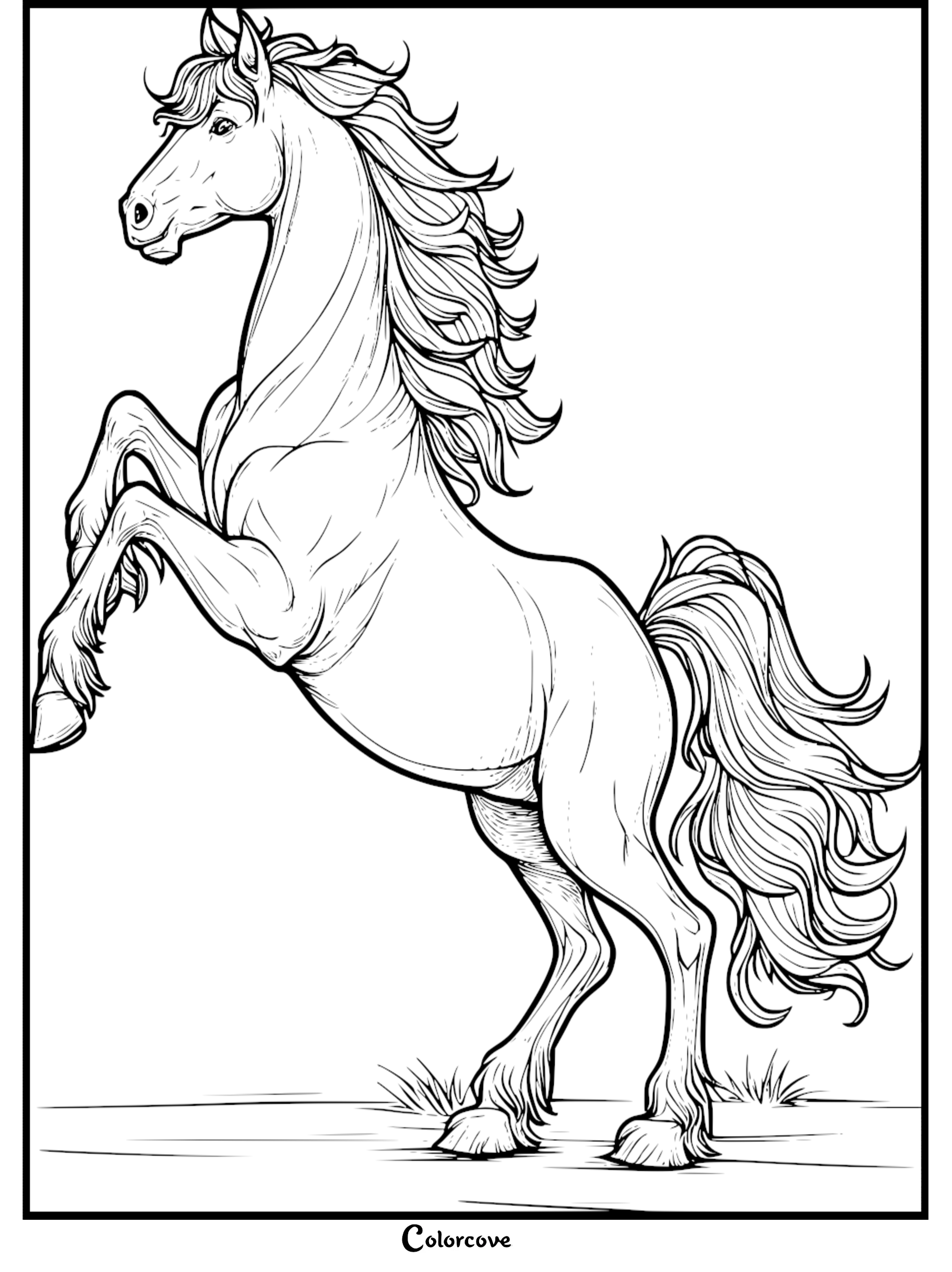 Majestic horse rearing coloring page, detailed line art for kids and adults to color. Perfect for creative fun.