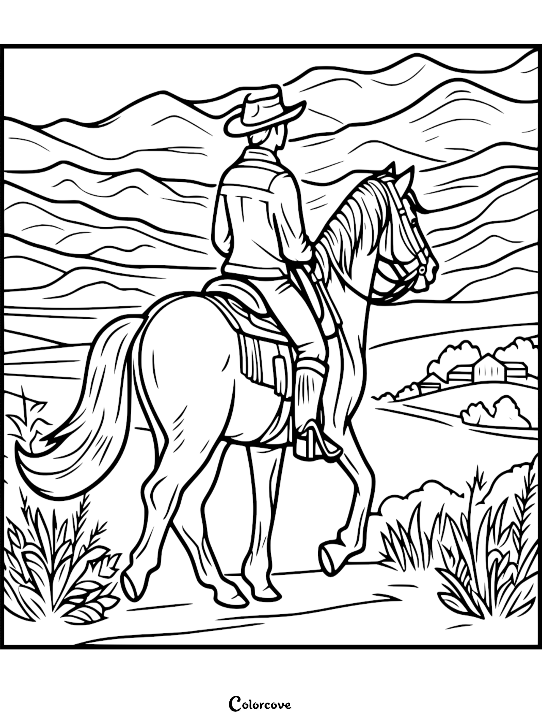 Cowboy rides horse through serene landscape, mountains in background. Coloring page.