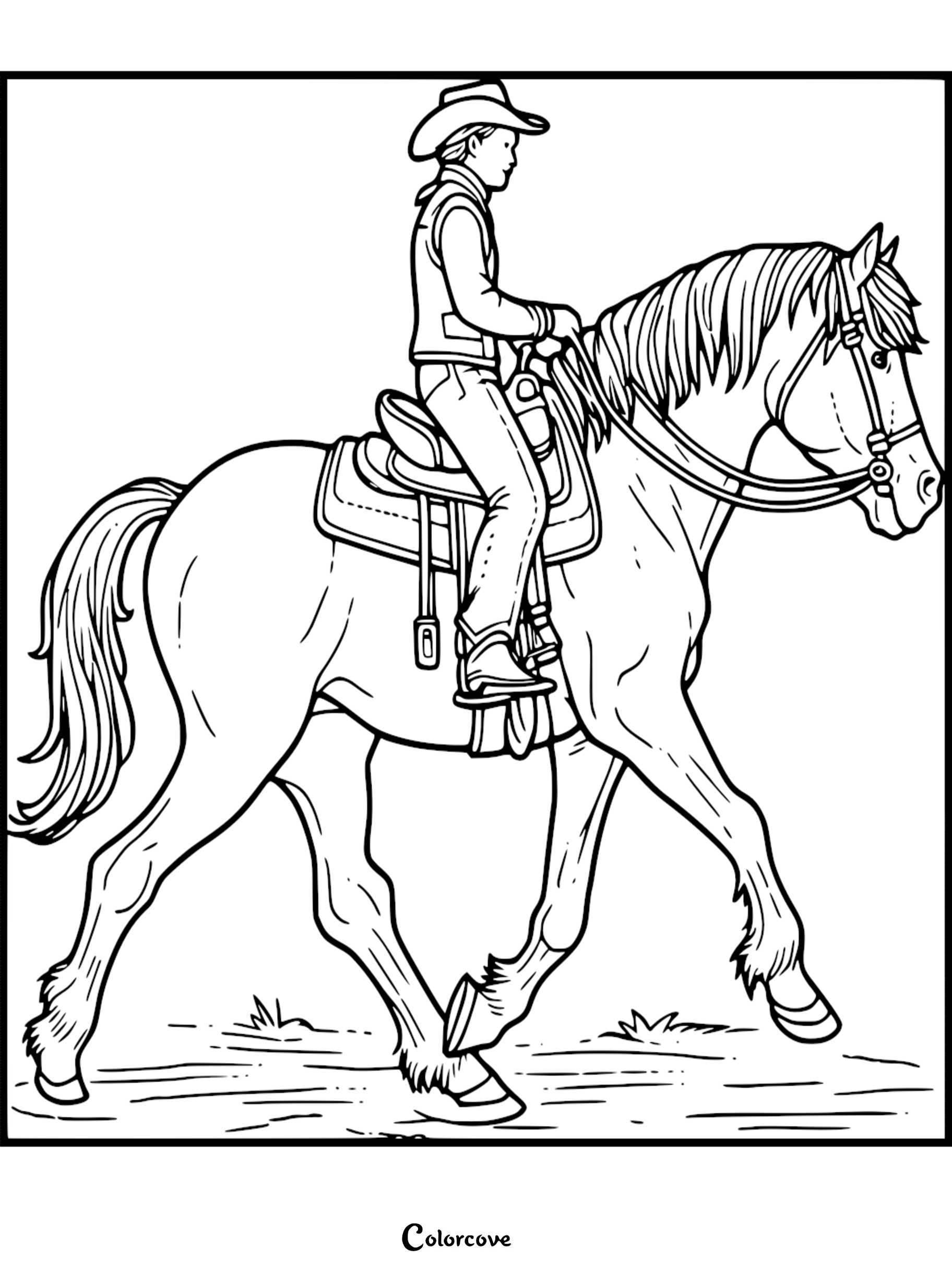 Coloring page of a cowboy riding a horse, perfect for kids to enjoy coloring and learning about western themes.