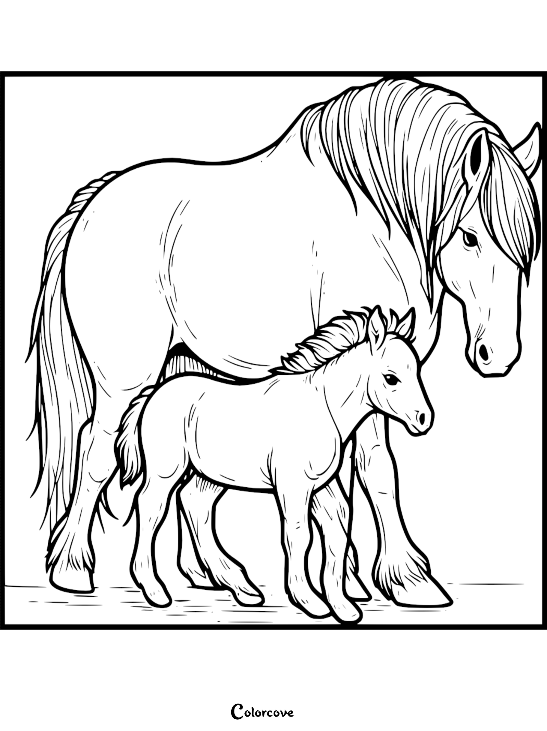 Horse and foal coloring page, perfect for kids and adults who love horses. Printable and free to download.