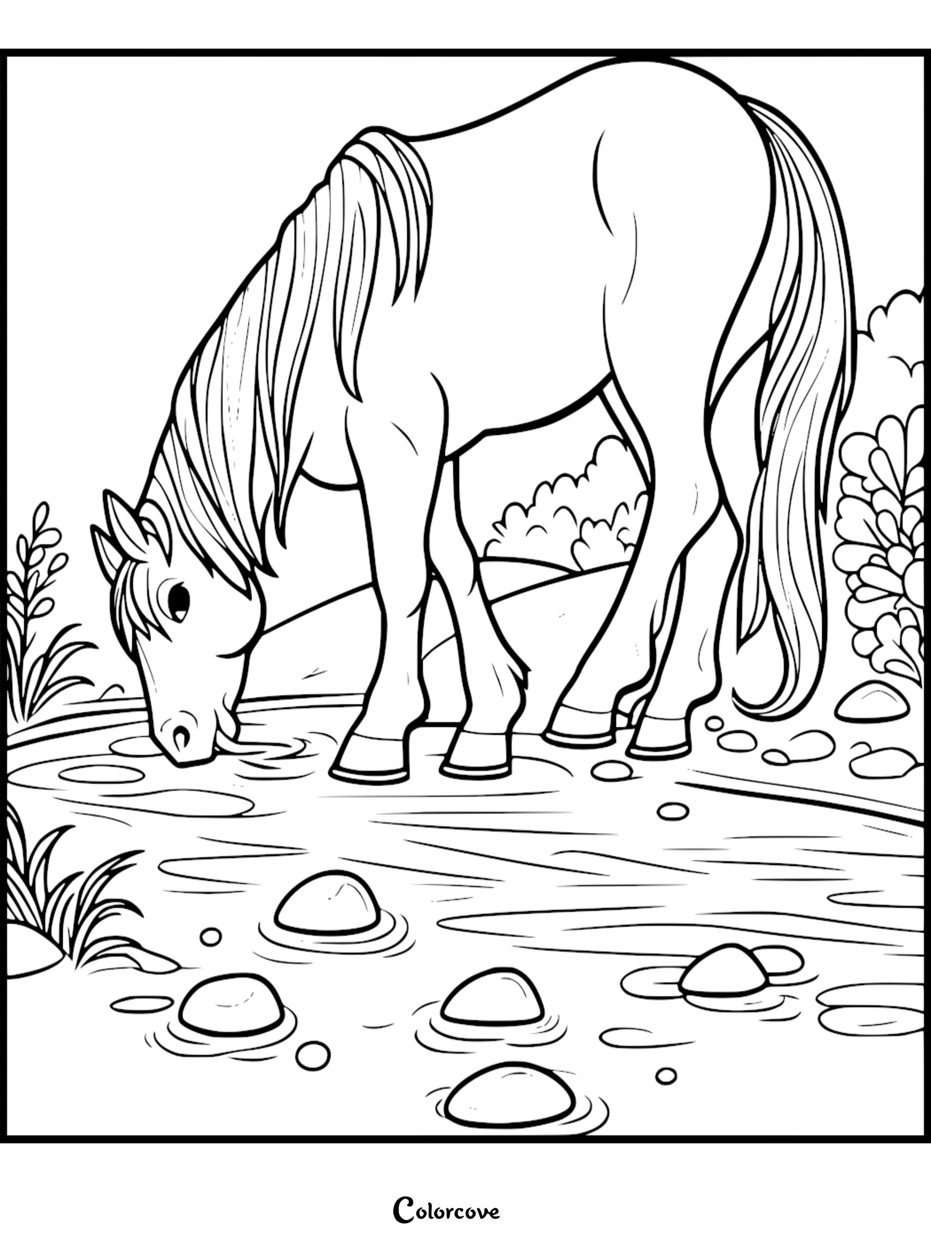 Horse at a pond coloring page, perfect for kids to enjoy and unleash creativity. Ideal for relaxation and art activities.
