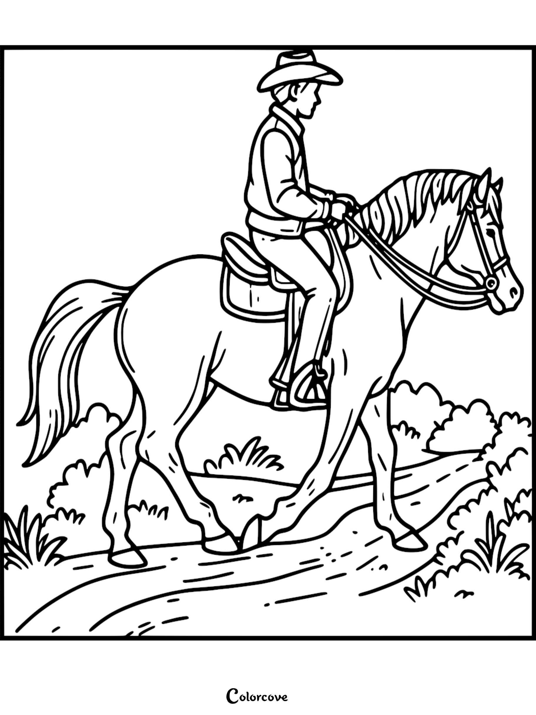Cowboy riding a horse coloring page, perfect for kids who love horses and outdoor adventure.
