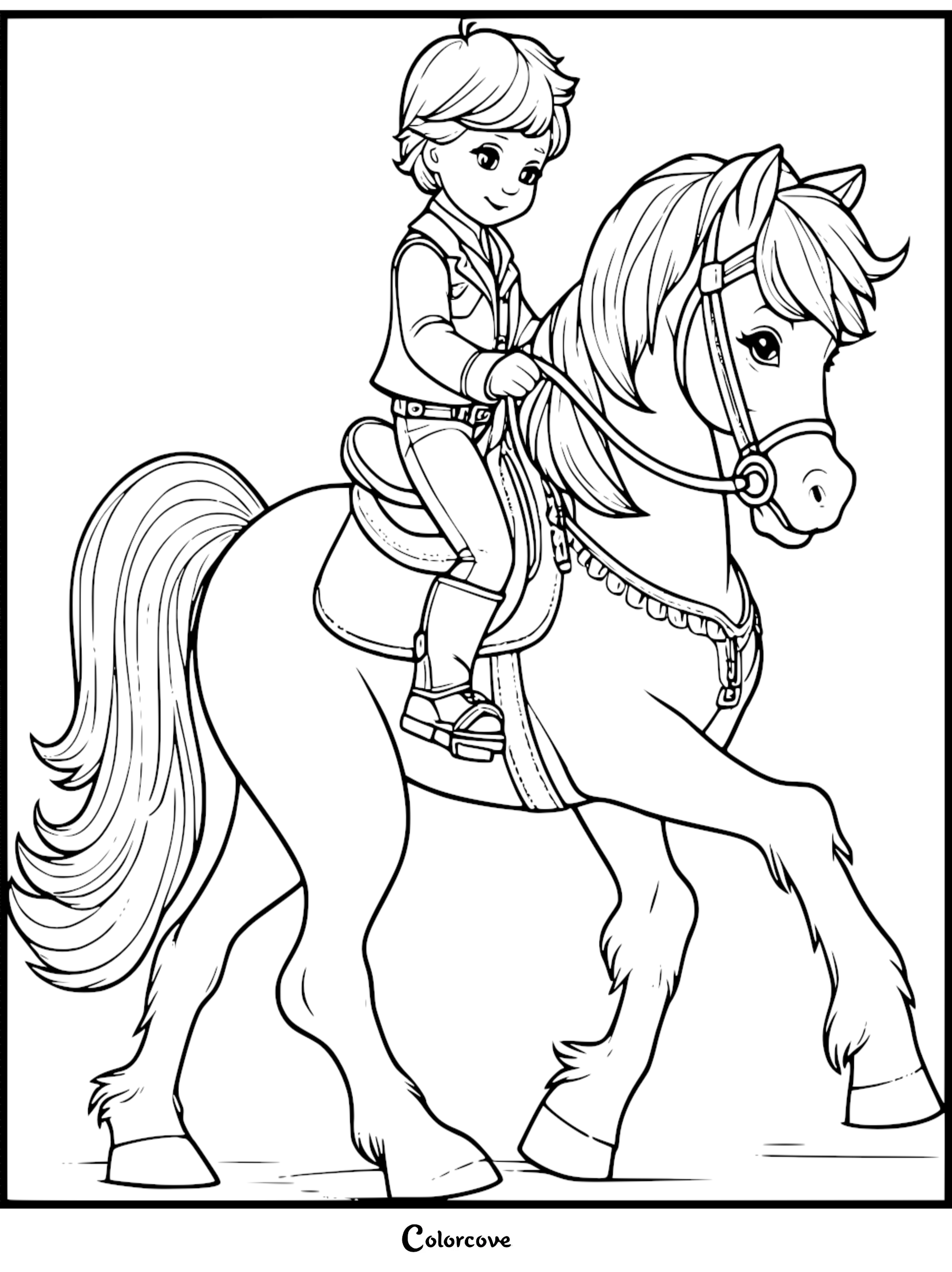 Child riding a horse coloring page for kids. Fun printable activity from colorcove.org. Perfect for horse lovers.