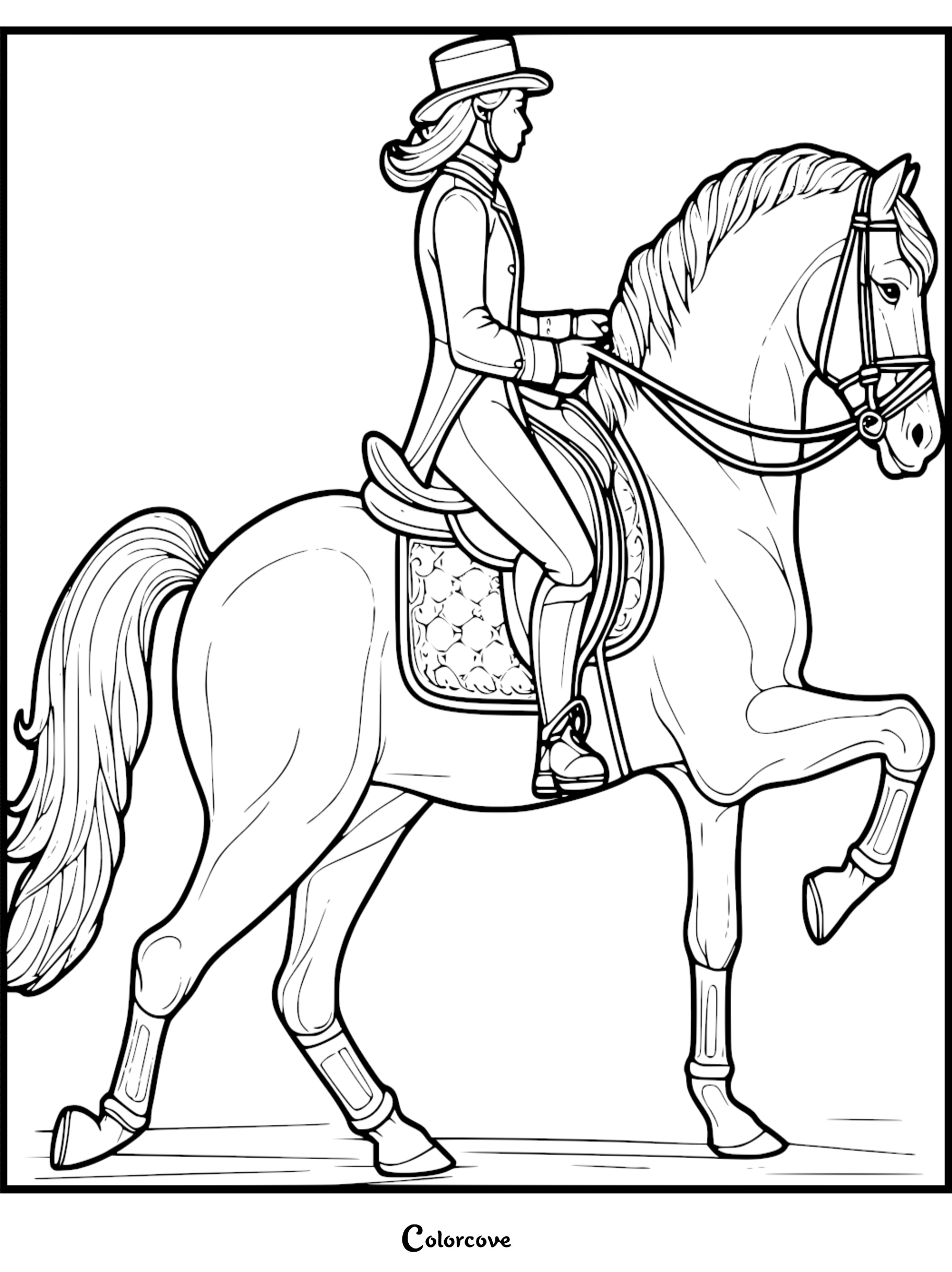 Equestrian coloring page featuring rider in hat on horse in mid-trot with detailed tack and elegant riding attire.