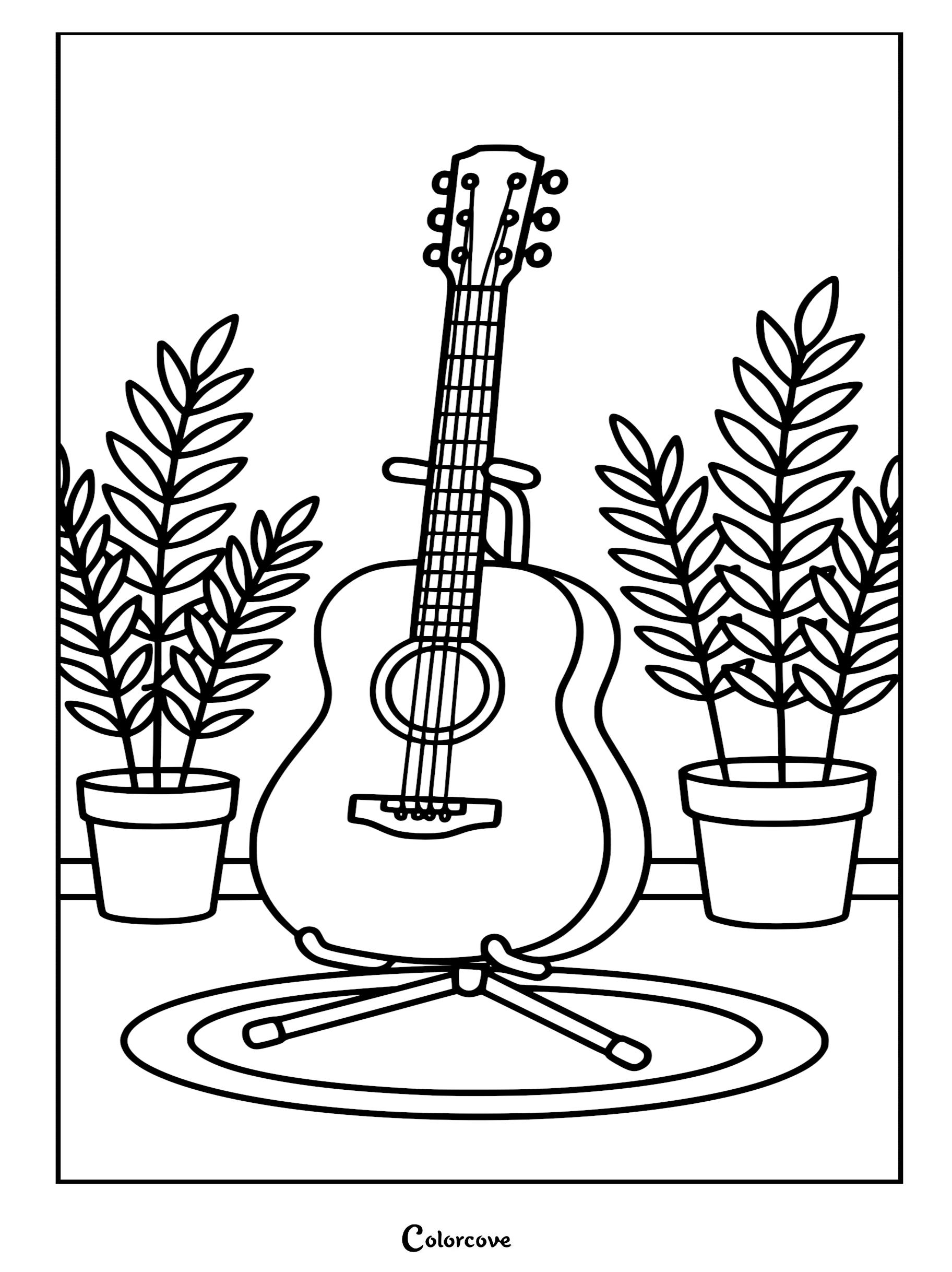 A relaxing guitar standing on a tripod floor stand between two potted house plants in a minimalist coloring page style.
