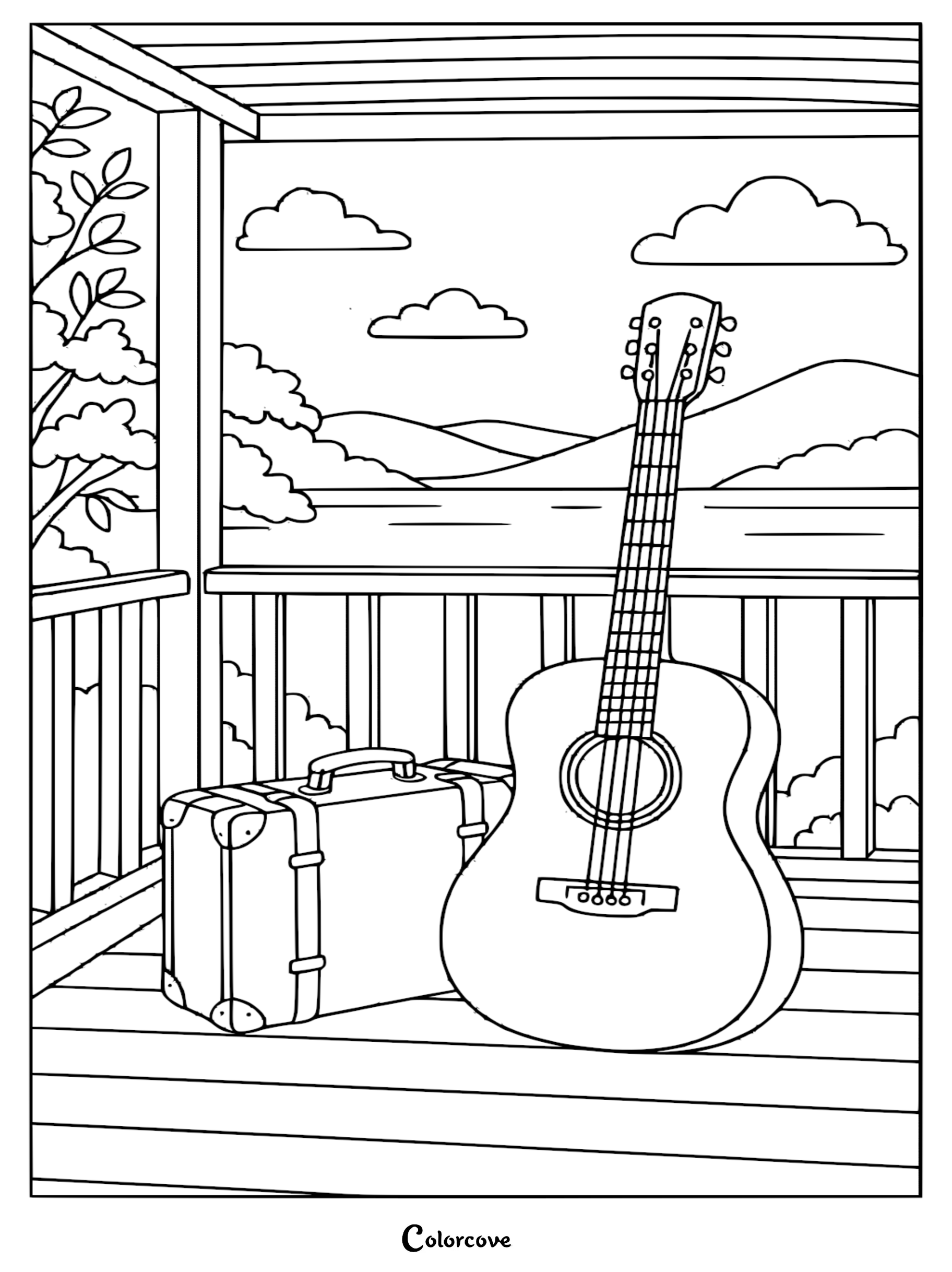 A relaxing guitar and vintage suitcase sit on a wooden porch overlooking a peaceful lake and mountain landscape in this detailed coloring page.