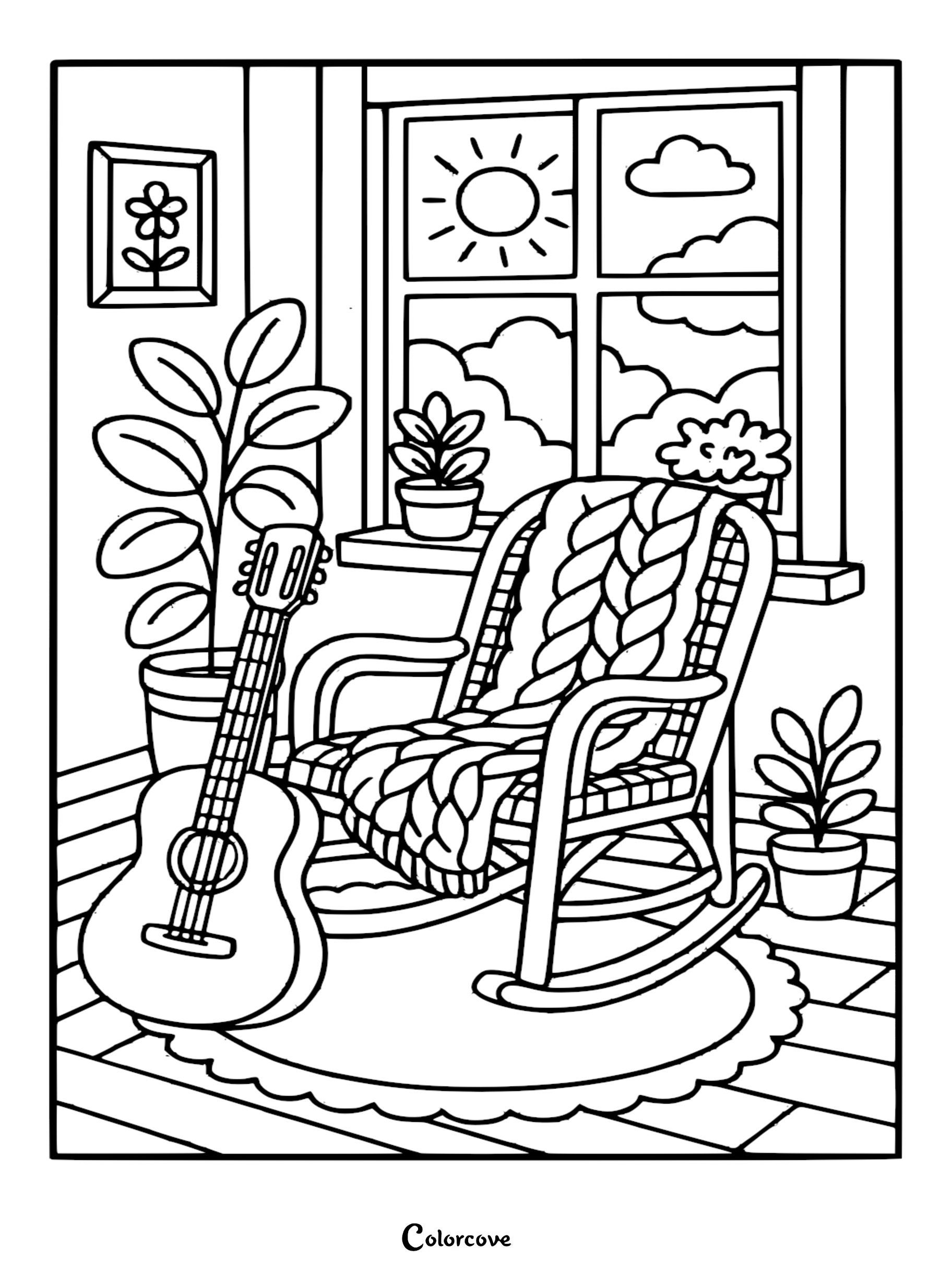 A relaxing coloring page featuring an acoustic guitar leaning against a cozy rocking chair with a chunky knit blanket, indoor houseplants, and a sunny window view.