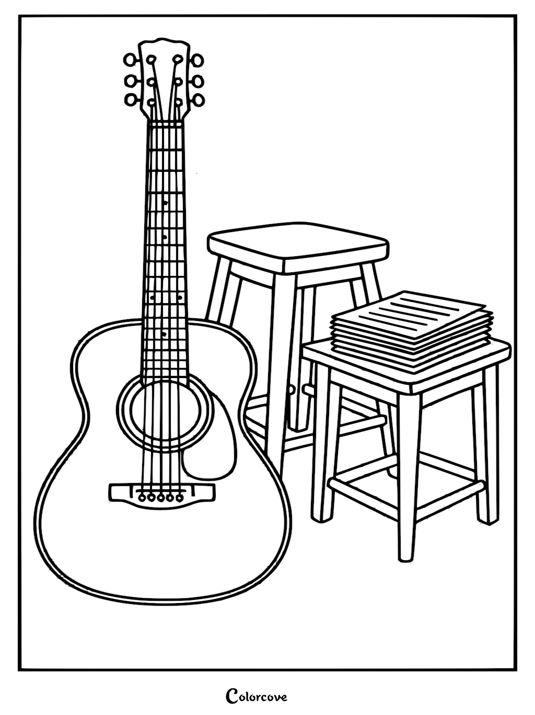 A simple black and white coloring page showing an acoustic guitar leaning next to a wooden stool with a stack of sheet music.