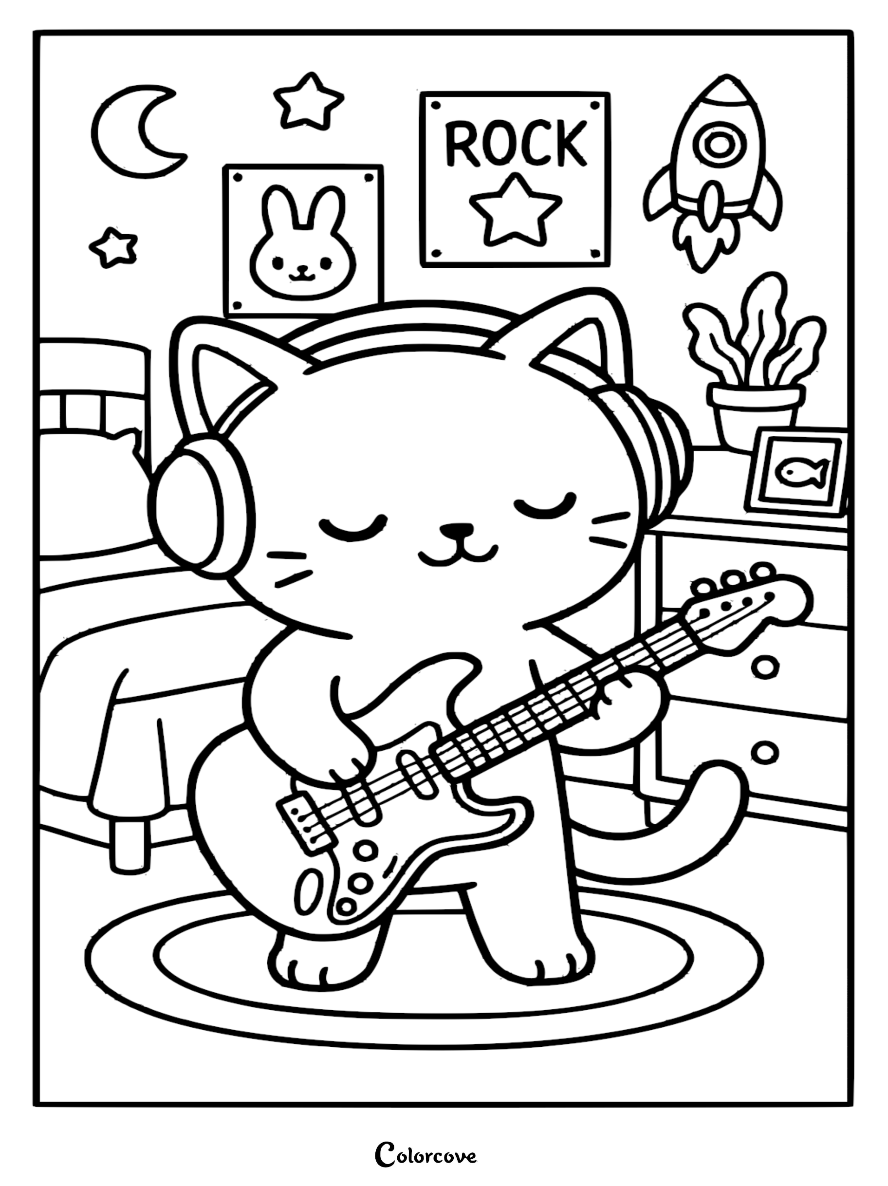 A cute cartoon cat wearing headphones playing an electric guitar in a bedroom, coloring page design.