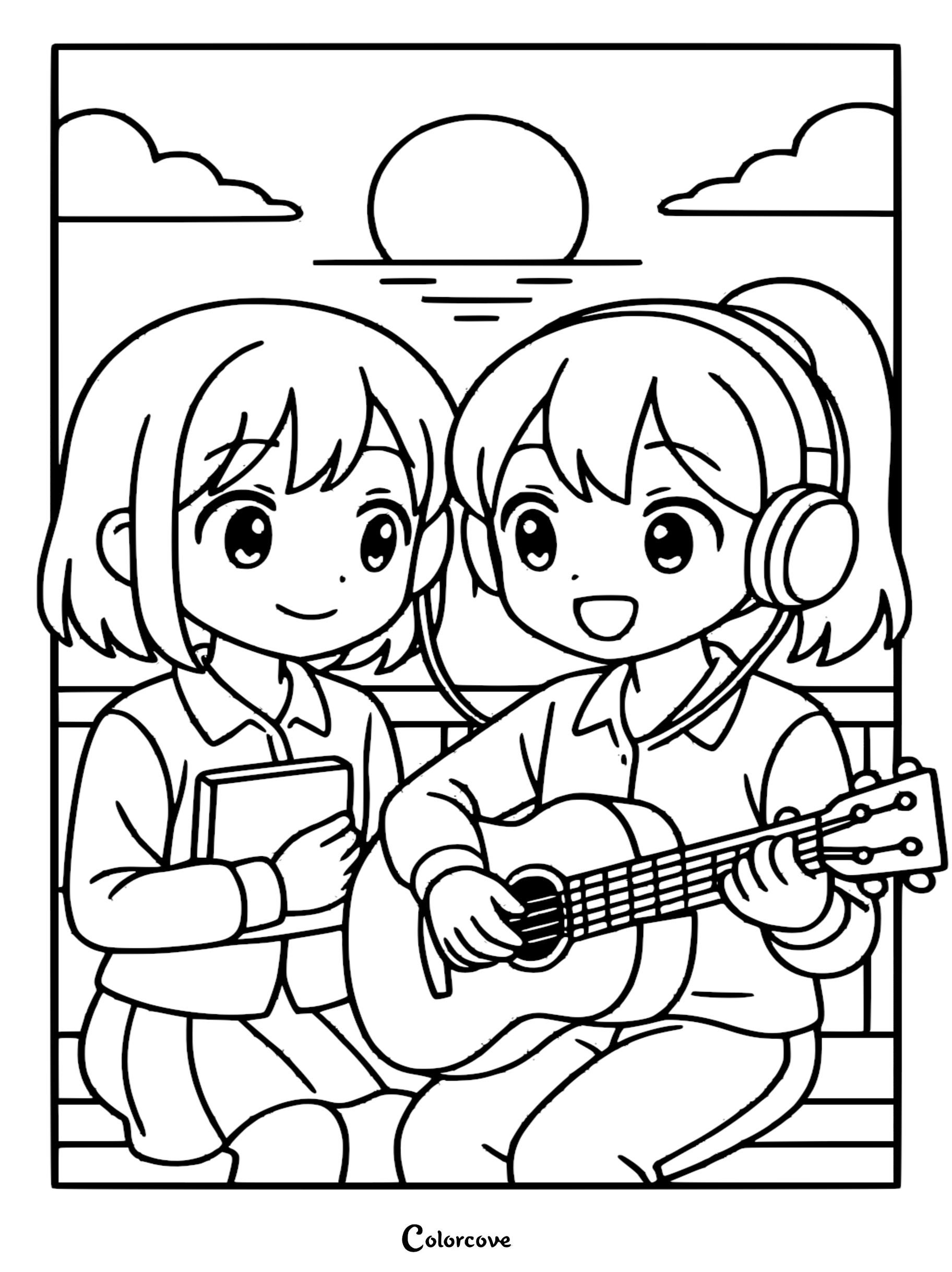 Two anime-style girls sitting together, one playing an acoustic guitar and wearing headphones, the other holding a book, set against a sunset beach background in this relaxing coloring page.