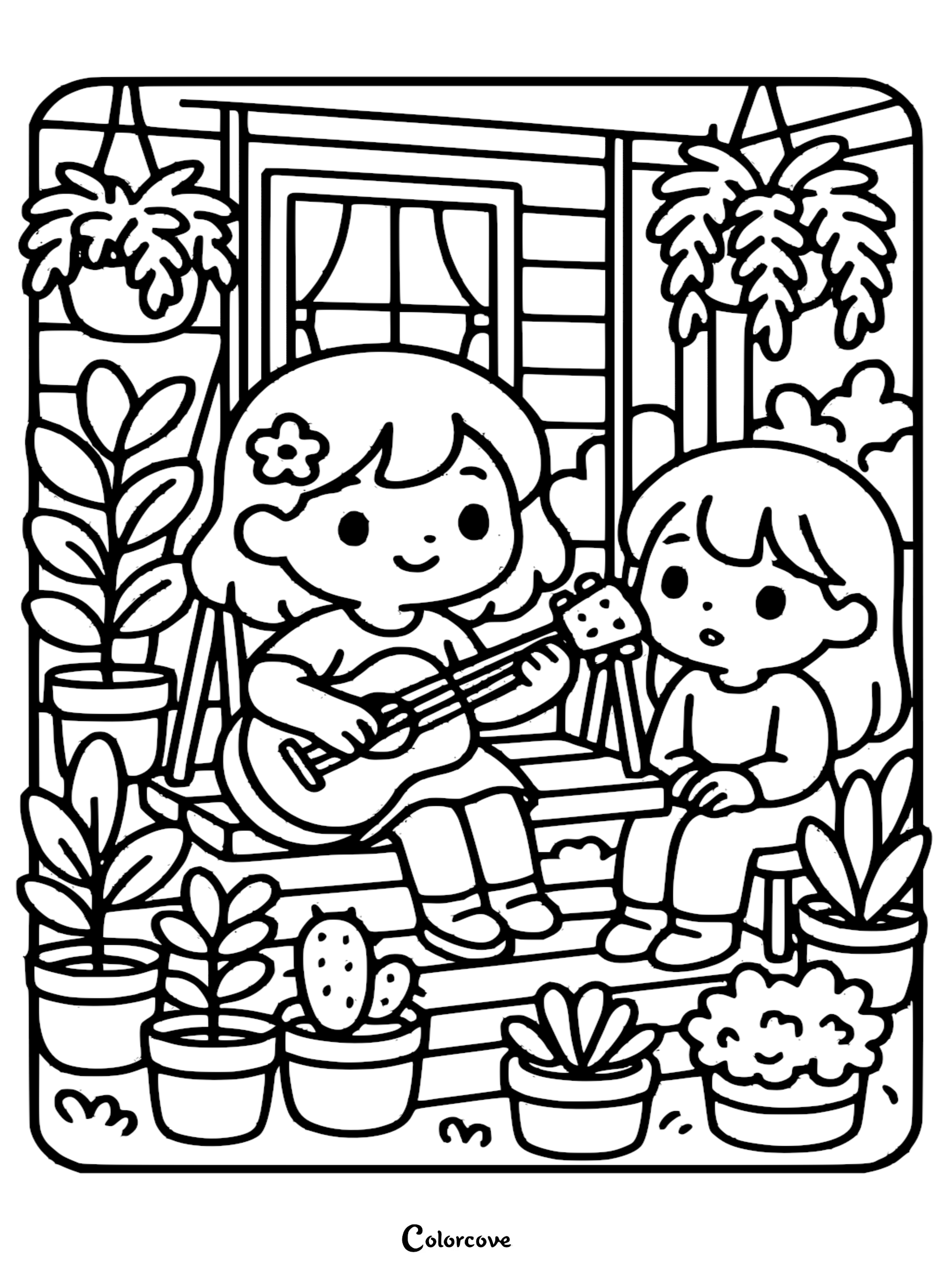Kawaii anime-style girl playing acoustic guitar for her friend on a porch filled with hanging ferns, potted plants, and a cactus coloring page.