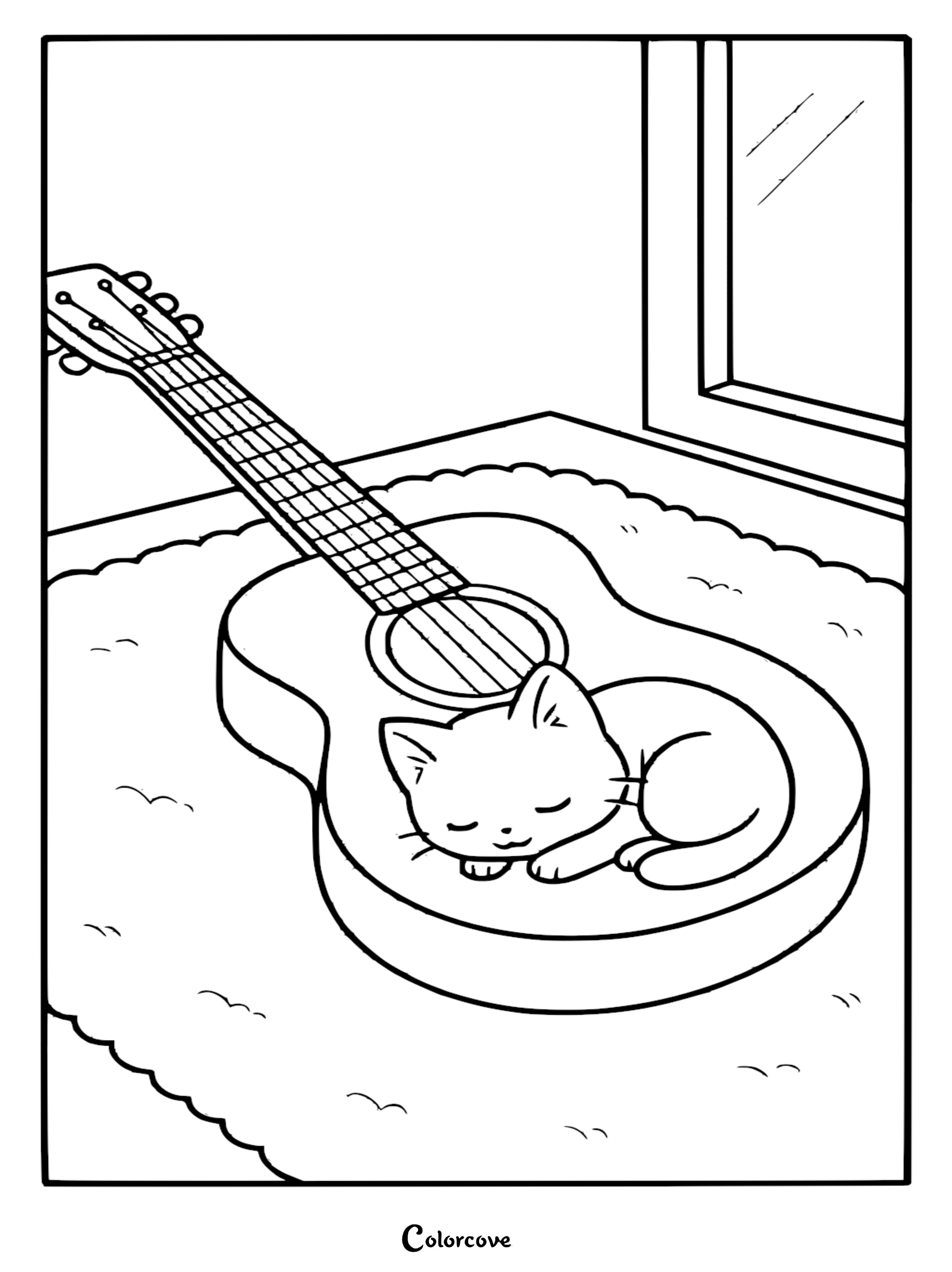 A sweet coloring page featuring a small kitten curled up sleeping inside the body of an acoustic guitar resting on a fluffy rug by a window.