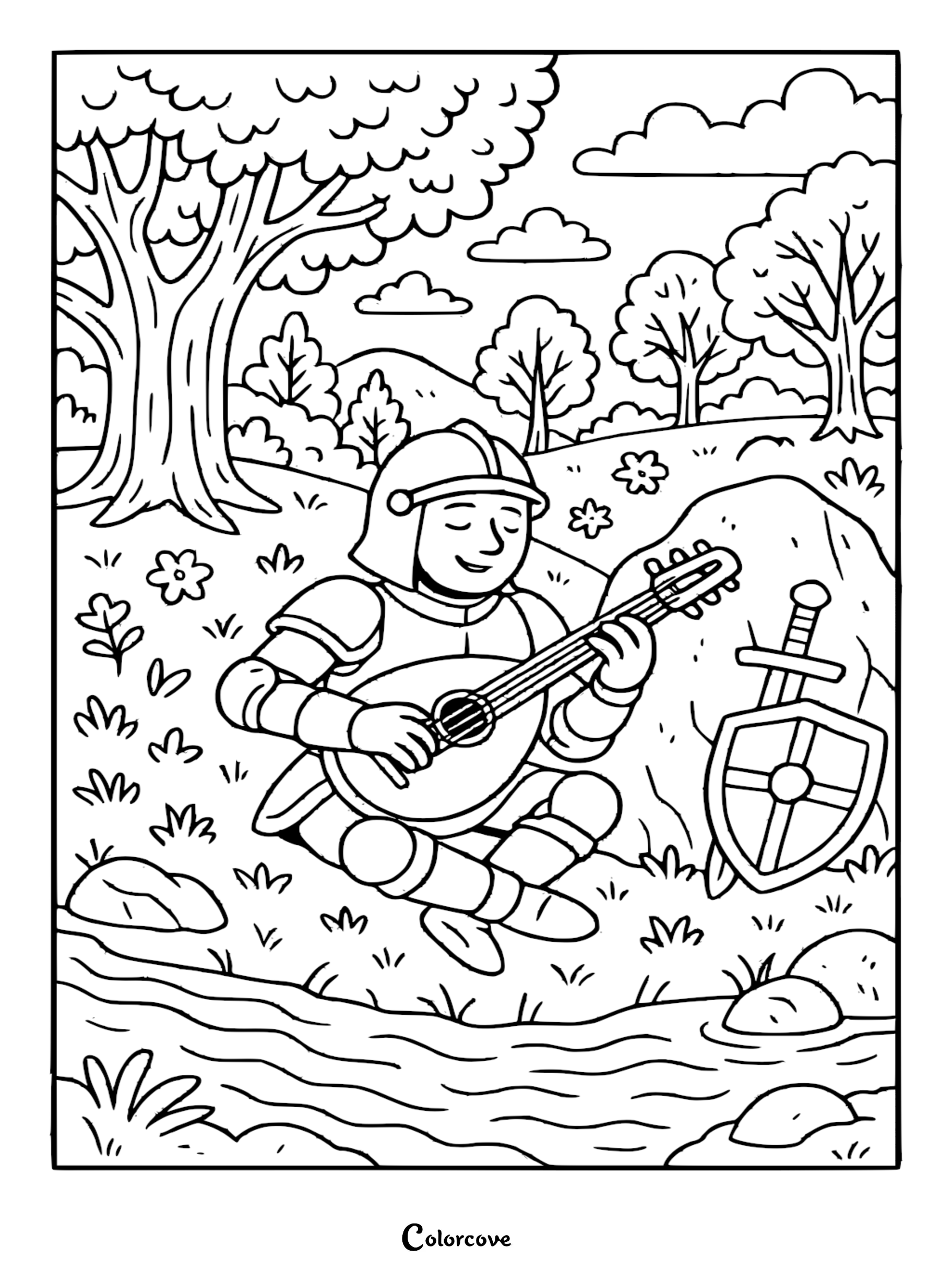 A knight in full armor sitting by a stream, playing a lute in a sunny meadow, a sword and shield lean against a rock in this relaxing coloring page.