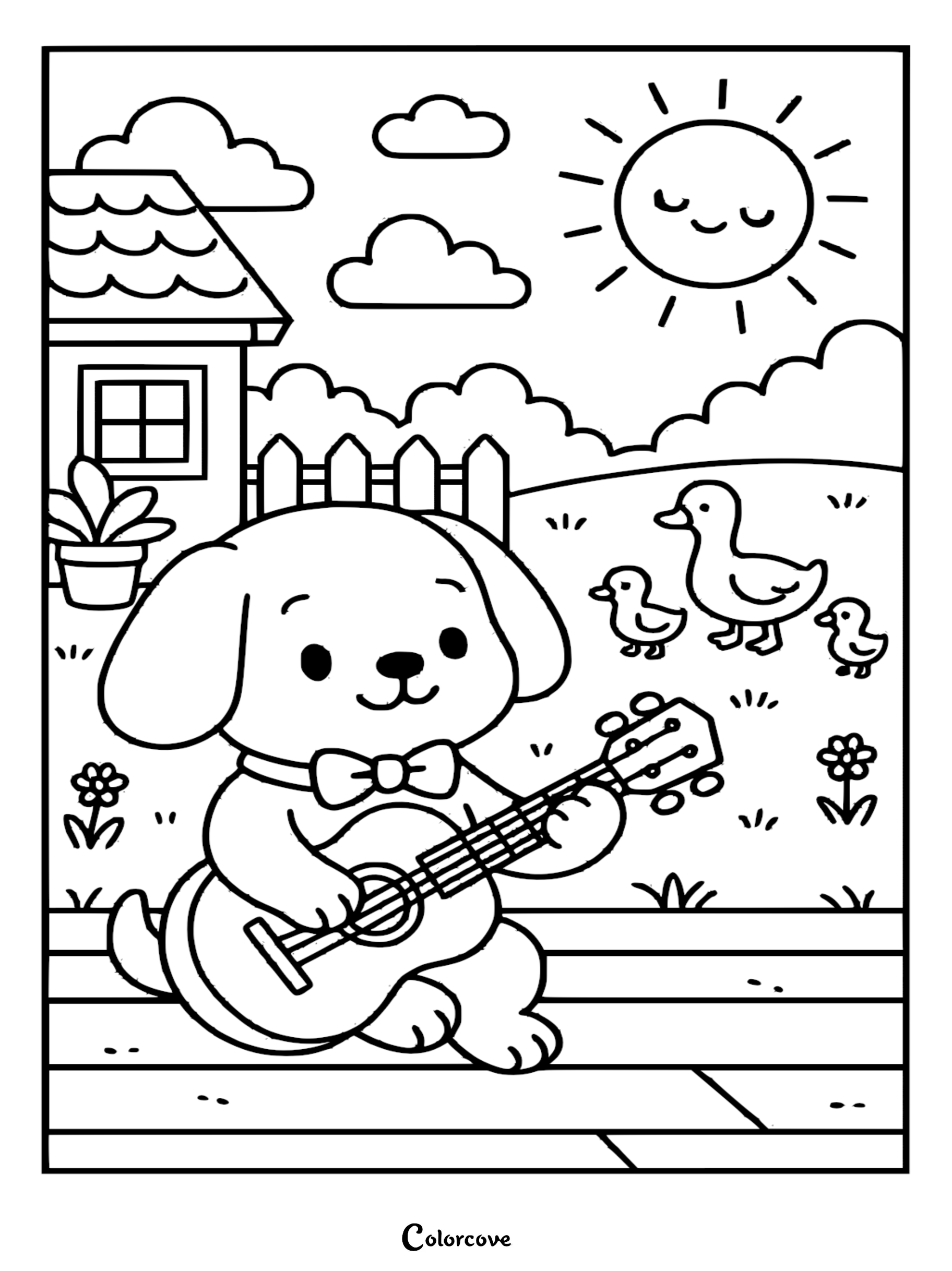 A cute cartoon puppy wearing a bowtie plays a relaxing guitar in a garden with ducks, a sun, and a house, rendered as a line art coloring page.