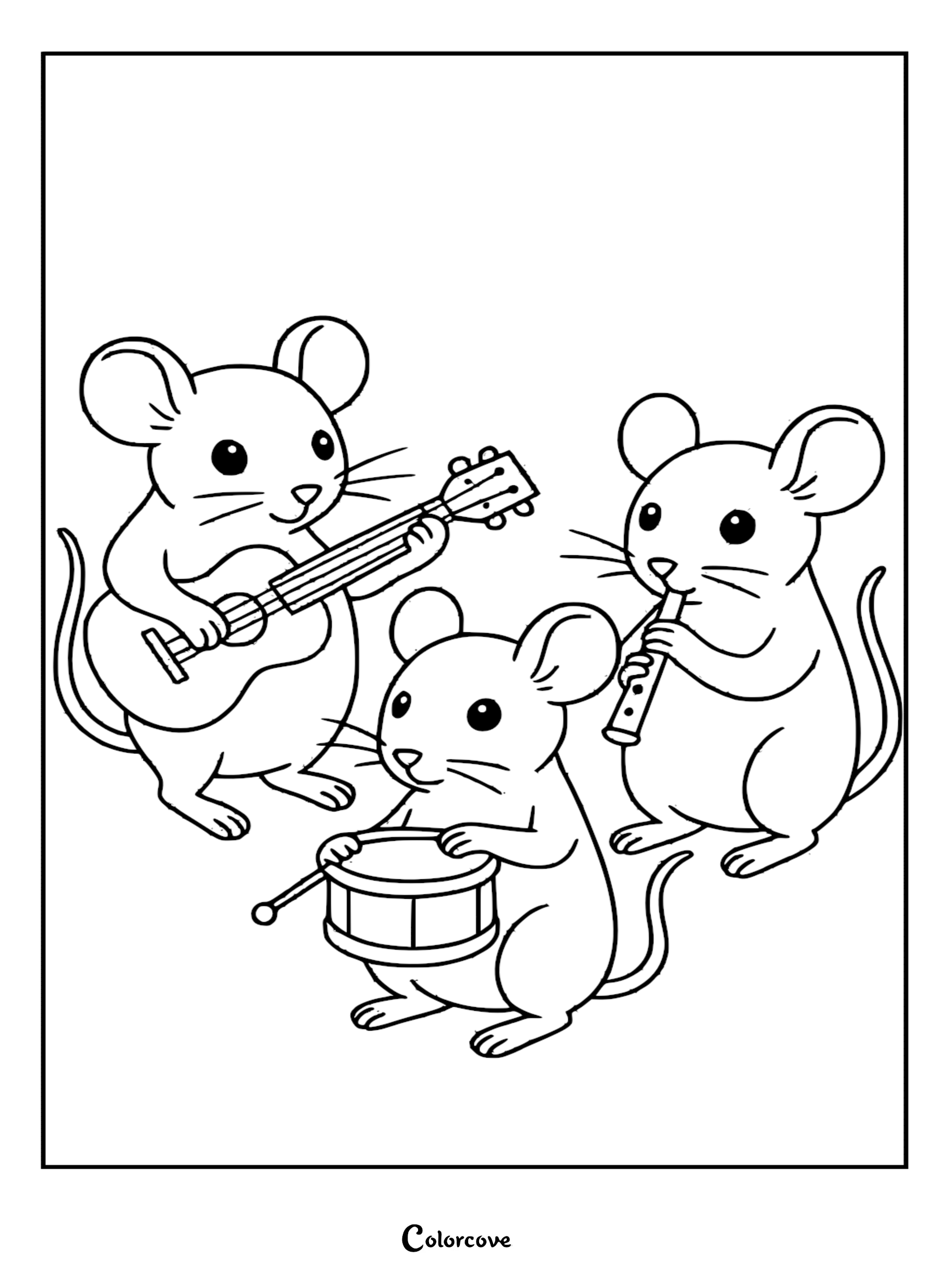 Three adorable cartoon mice performing music on a coloring page, one playing a guitar, one with a flute, and one playing a small drum.