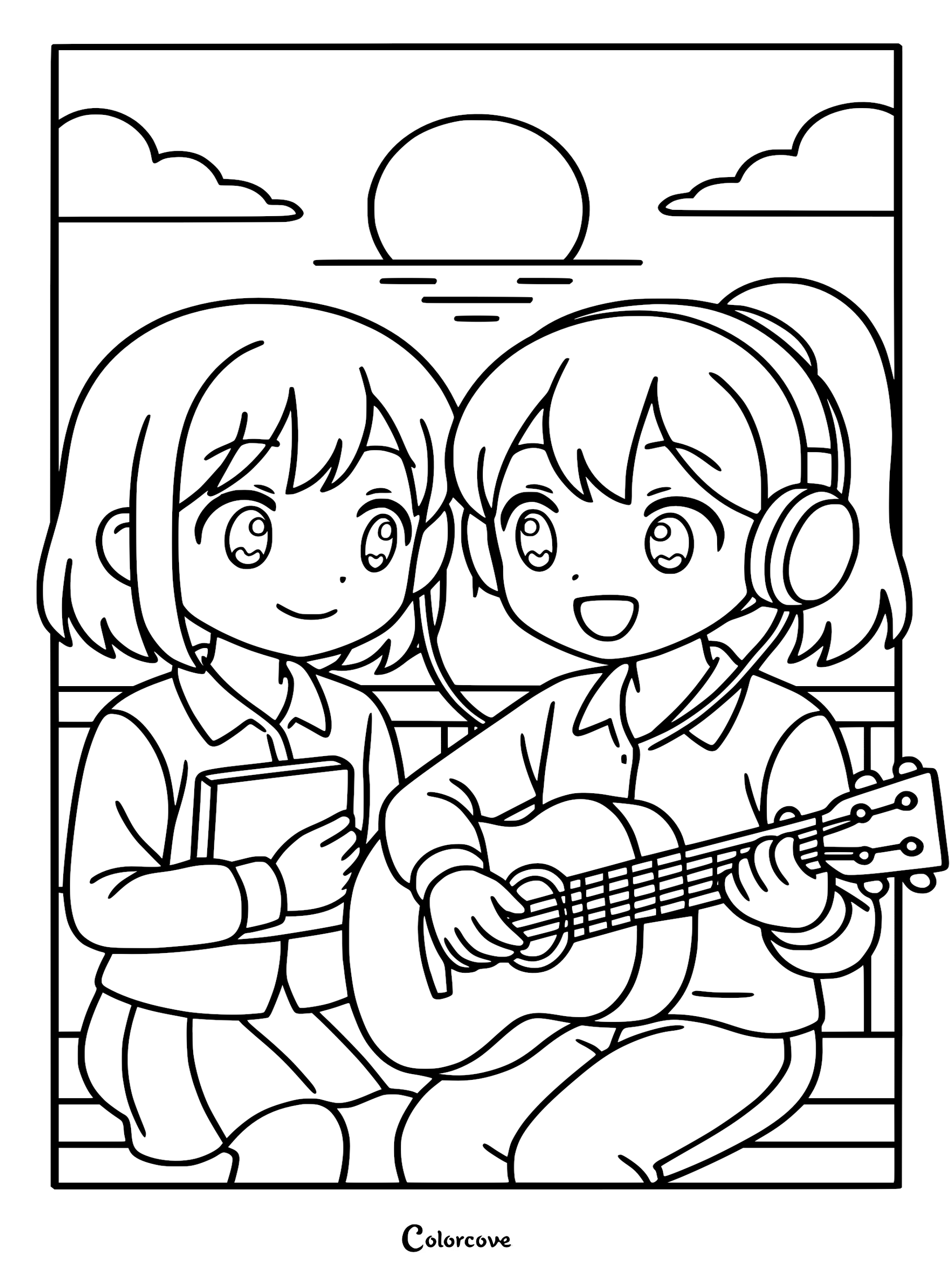 Two cute anime girls sitting on a bench at sunset, one playing a guitar and wearing headphones while the other holds a book in this relaxing coloring page.