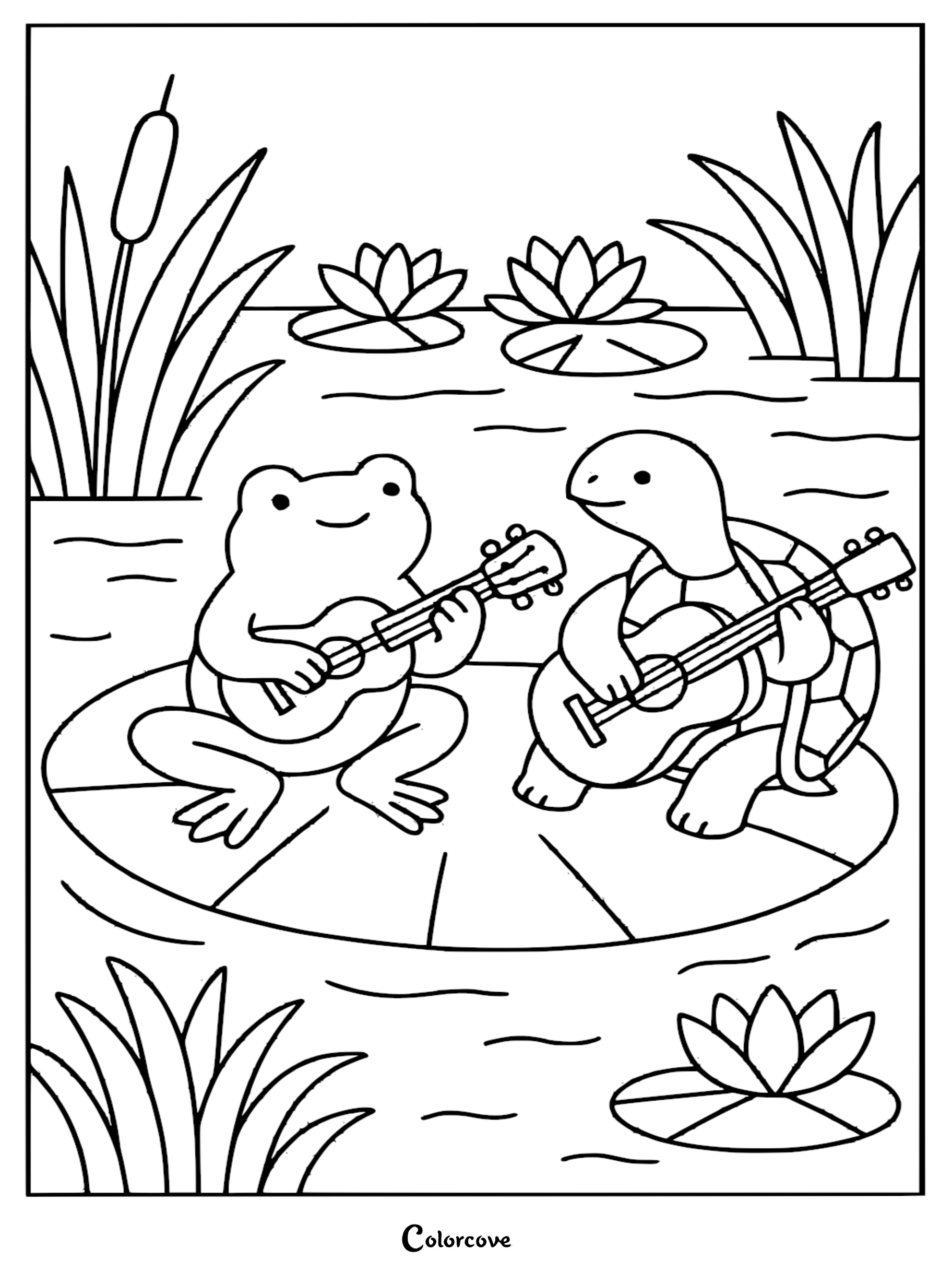 A charming coloring page featuring a cute frog and turtle sitting on a lily pad playing acoustic guitars in a pond with water lilies.