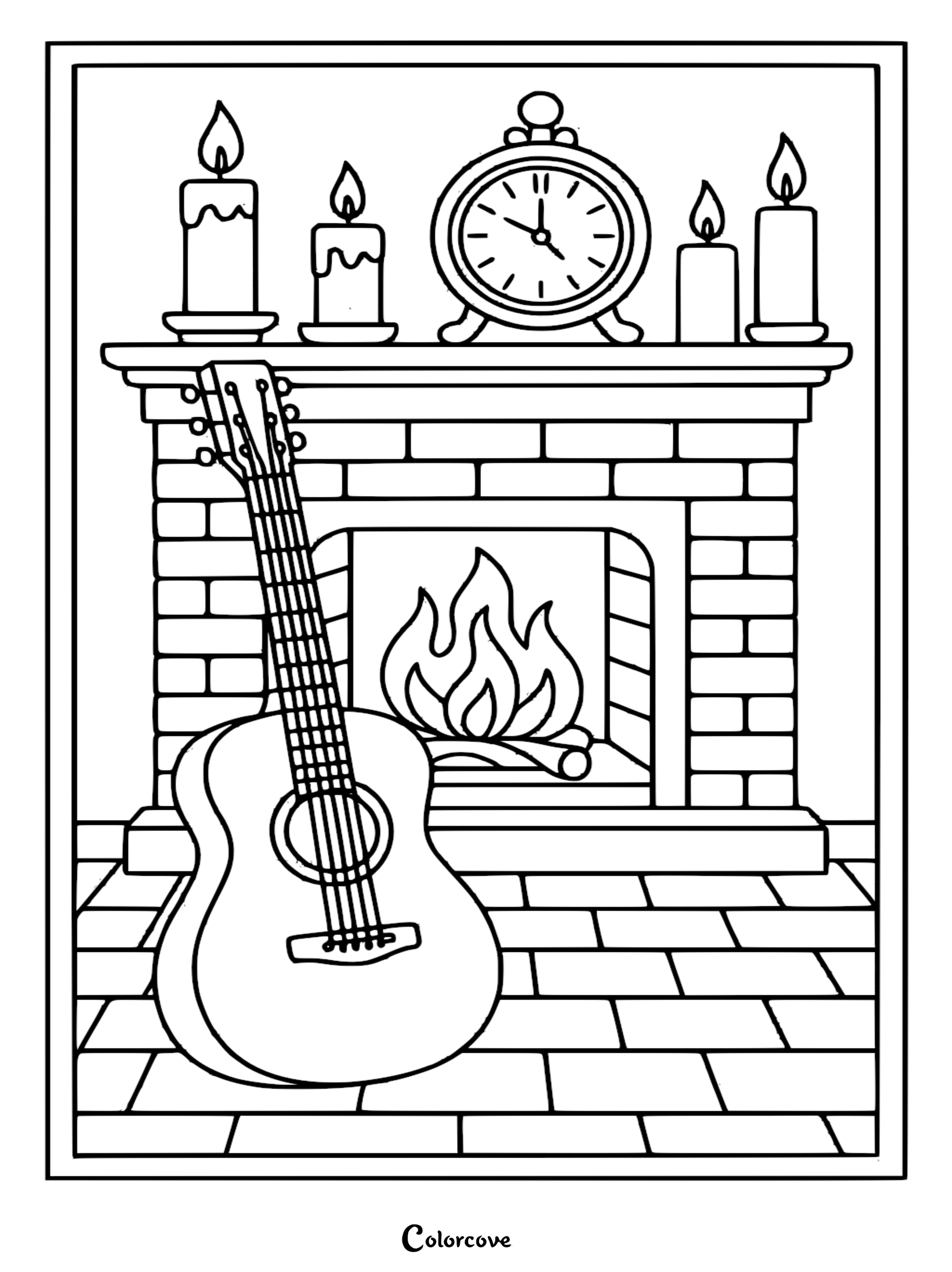 A relaxing guitar coloring page featuring an acoustic guitar leaning against a brick fireplace mantle topped with lit candles and a vintage alarm clock.