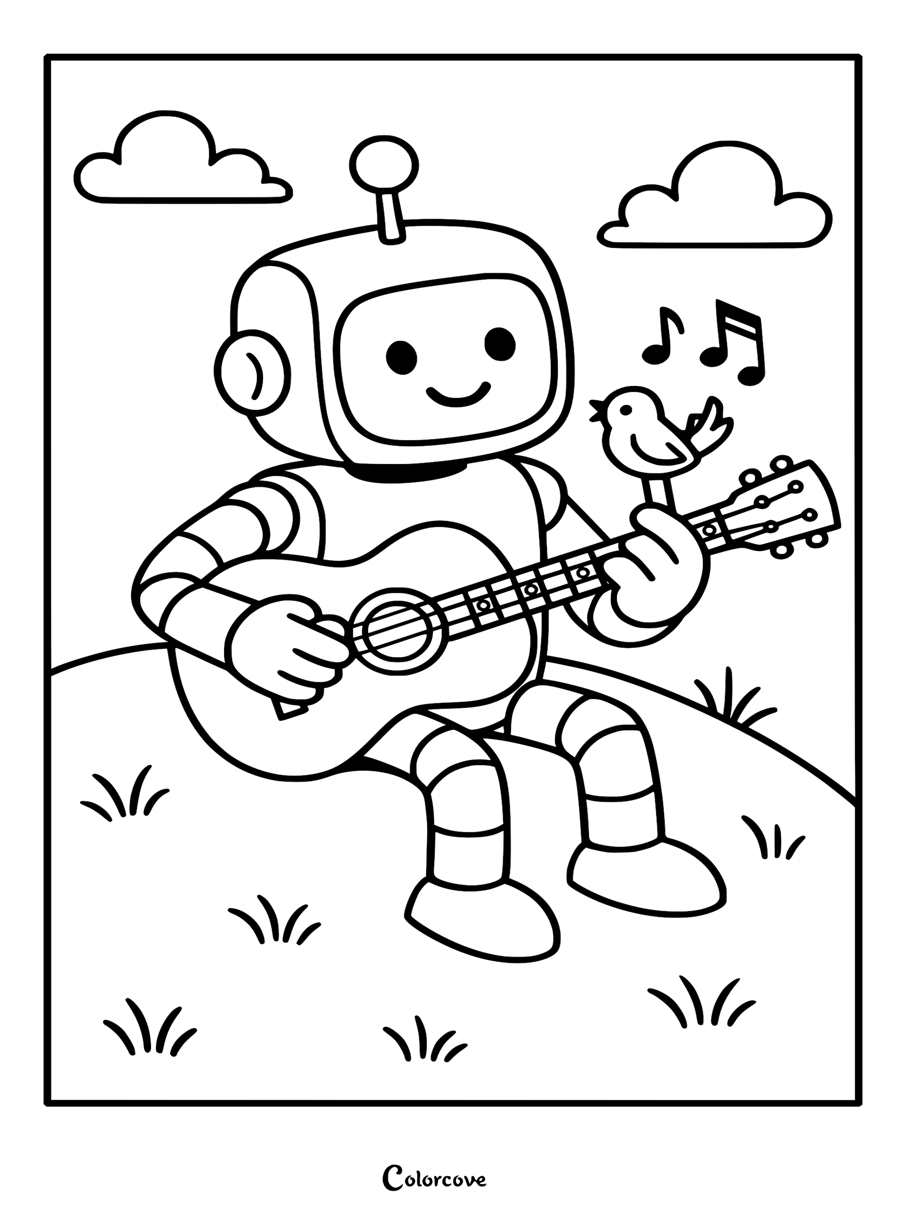 A friendly robot playing an acoustic guitar while a small bird sings on the neck in this relaxing coloring page for kids.