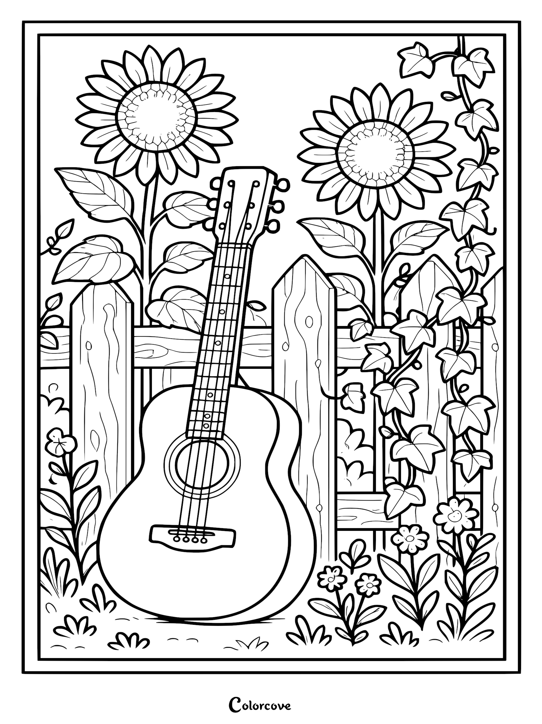 A relaxing acoustic guitar leaning against a picket fence with blooming sunflowers and ivy in a detailed garden coloring page.