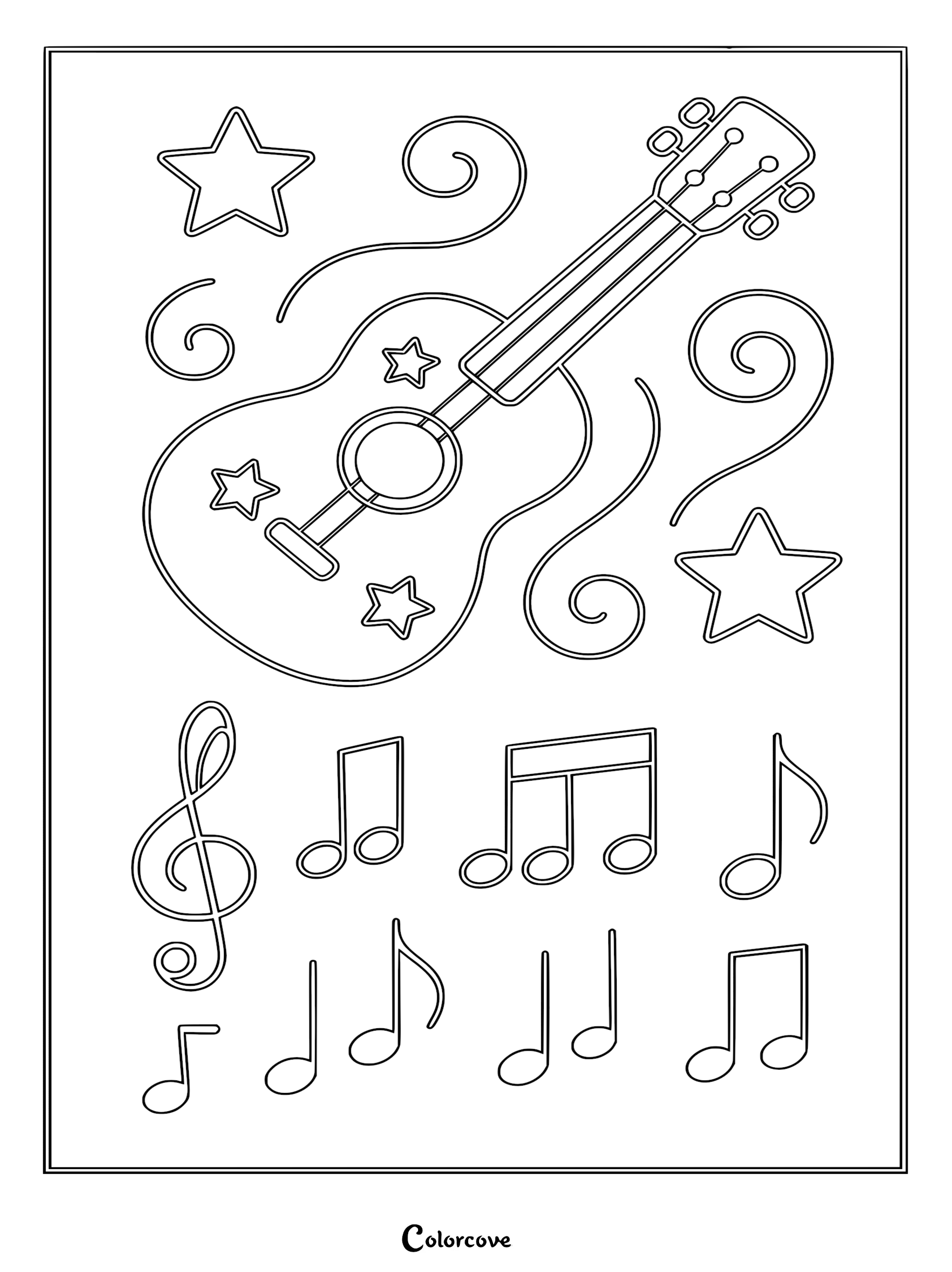 A relaxing guitar coloring page surrounded by stars, swirling flourishes, and assorted musical notes on a white background.