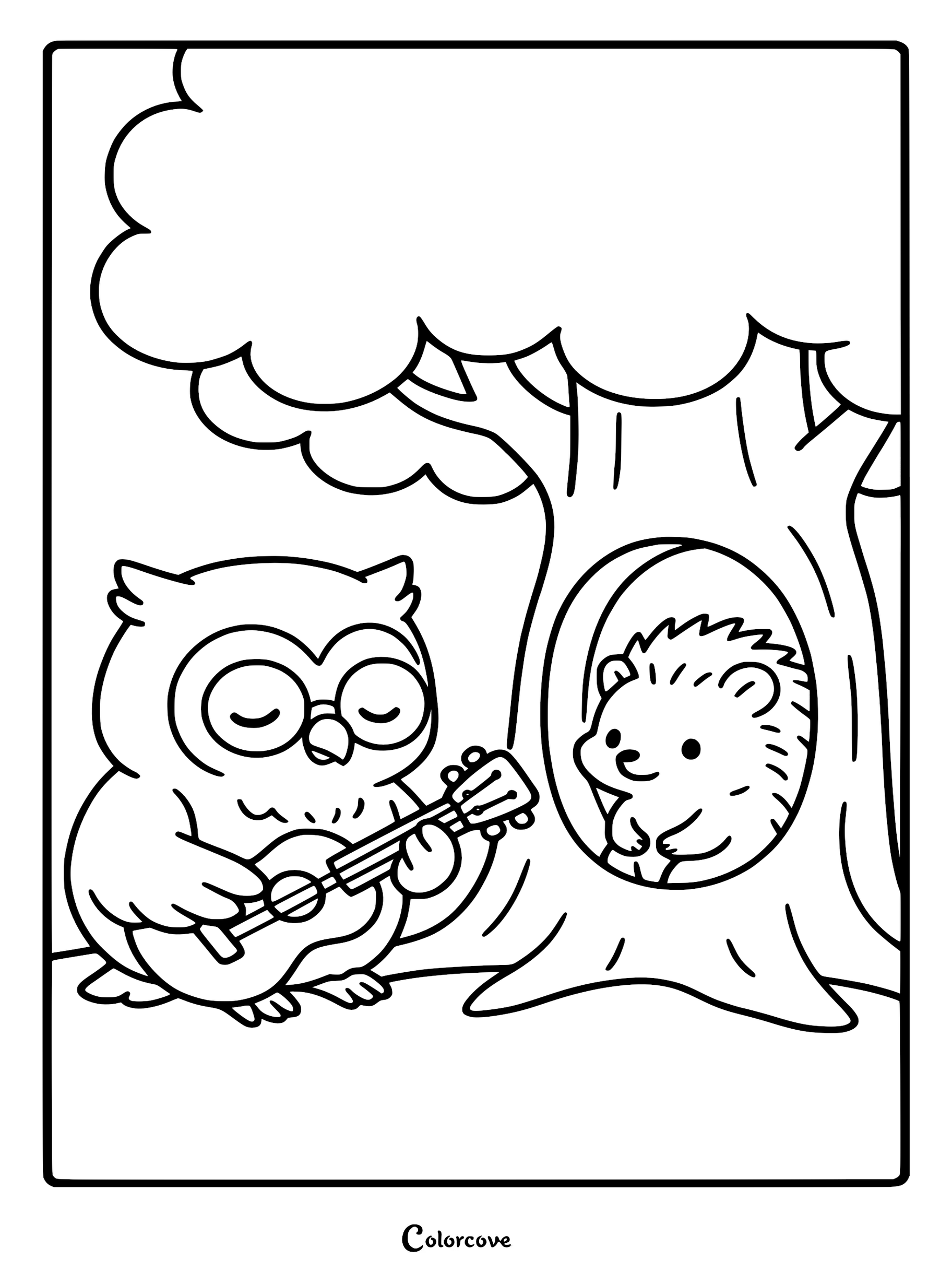 A cute cartoon owl playing a small guitar for a smiling hedgehog peeking from a tree hollow in this relaxing coloring page.