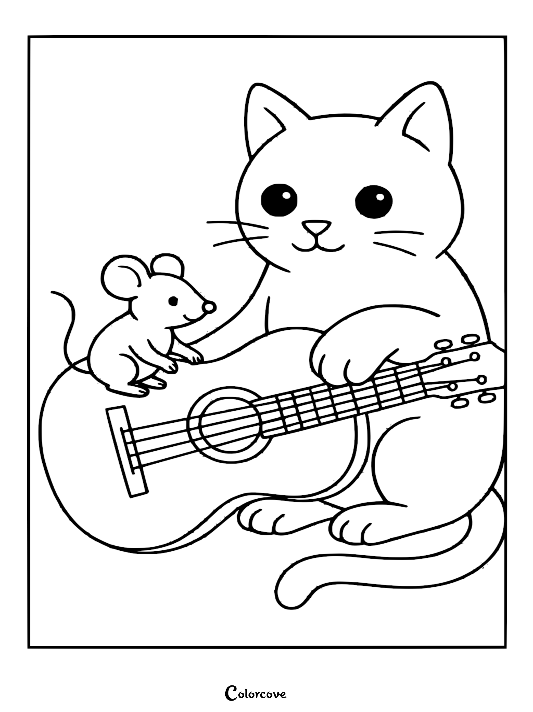 A cute cat playing an acoustic guitar while a small mouse sits on the body in this relaxing music themed coloring page.