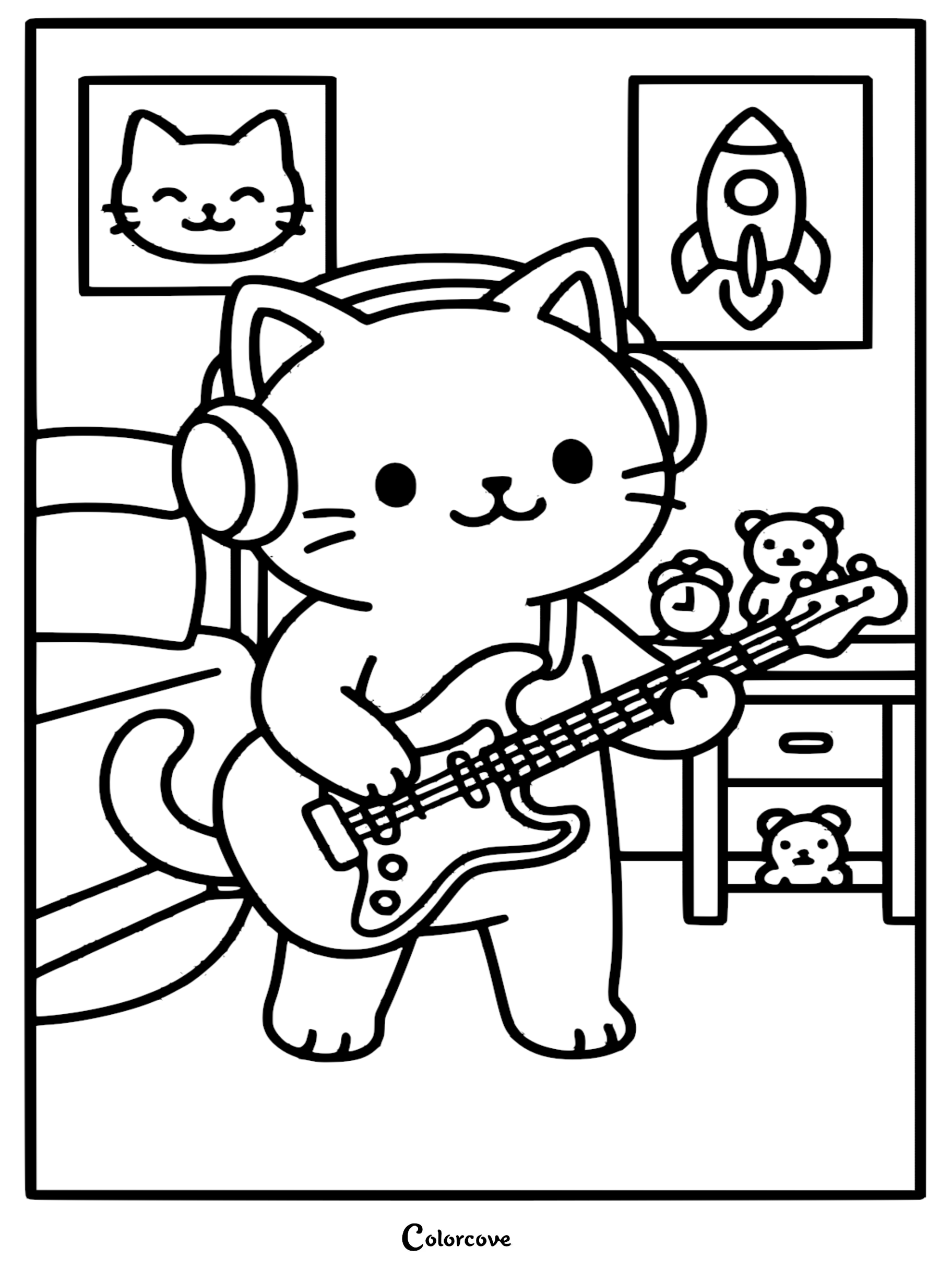 A cute cartoon cat wearing headphones playing an electric guitar, surrounded by room decor like a cat picture, rocket poster, and teddy bears in this relaxing coloring page.