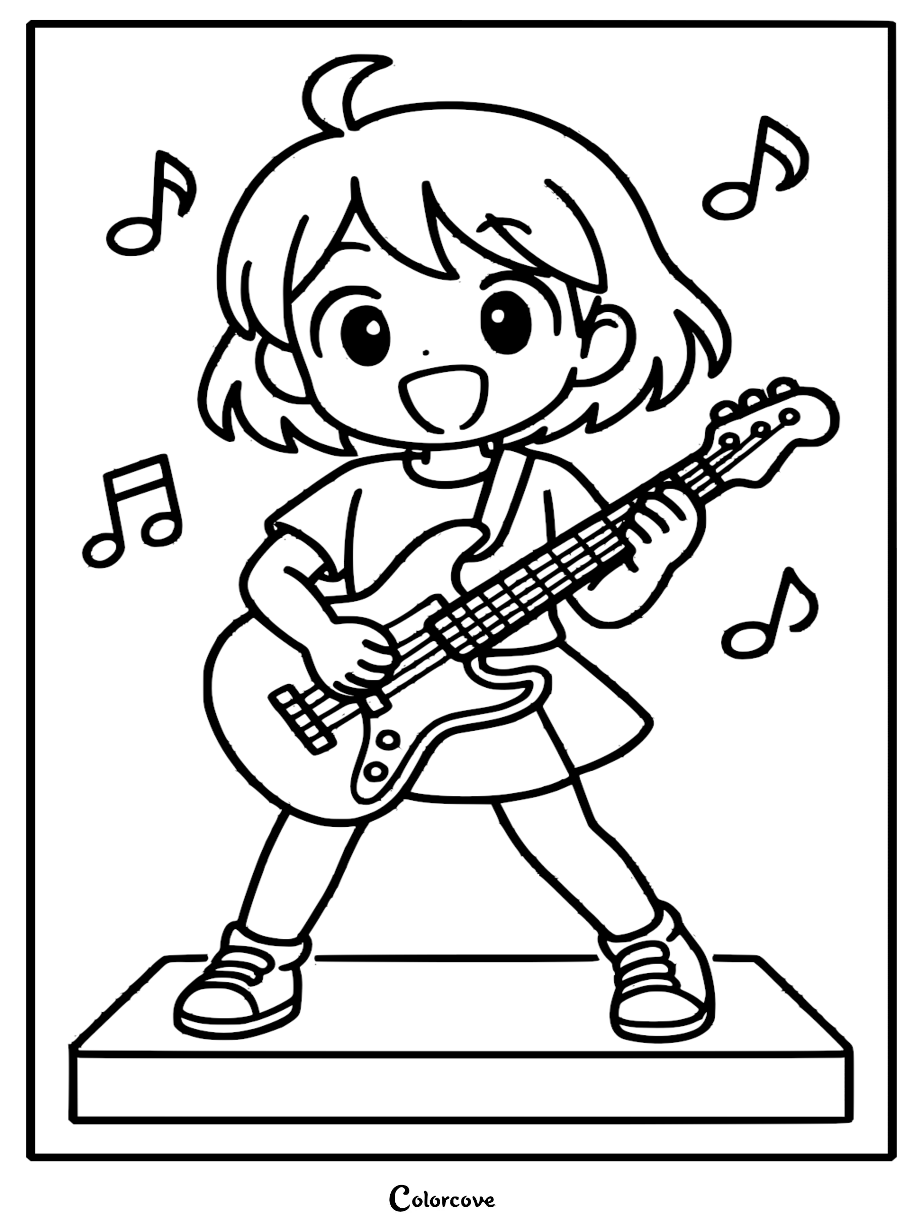An enthusiastic chibi-style girl with a bob haircut playing an electric guitar on a stage, surrounded by floating musical notes, printable coloring page.