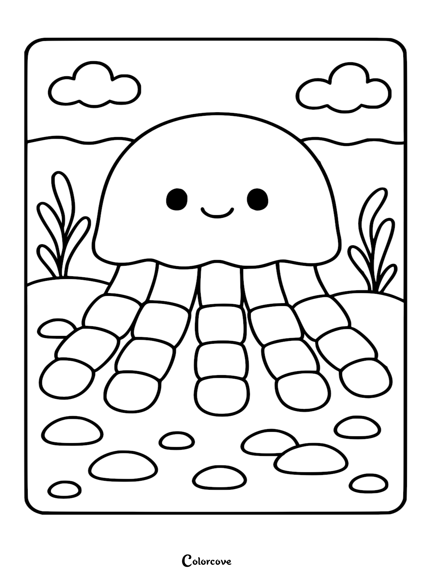 A cute cartoon jellyfish with a smiling face and rounded, segmented tentacles sits on the sandy ocean floor in this printable coloring page.