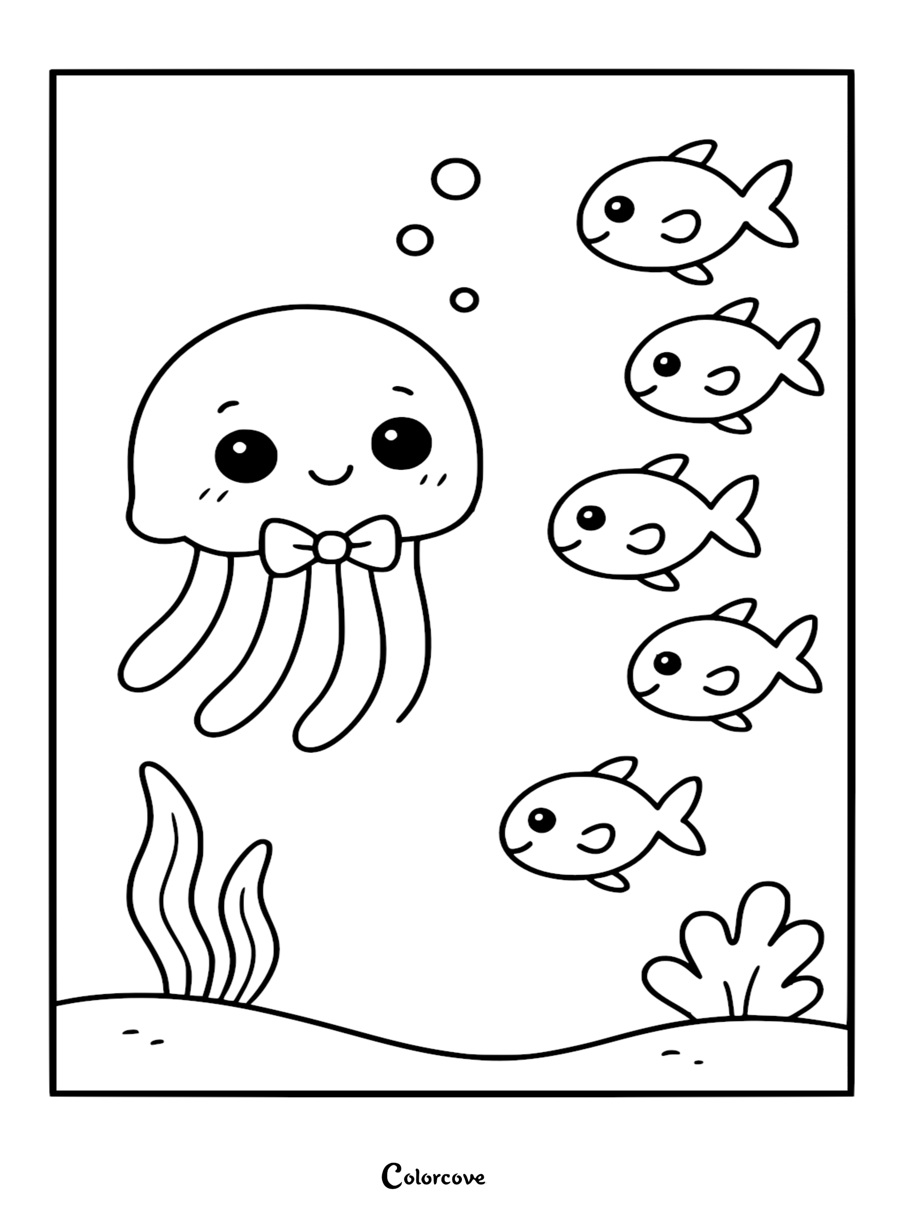 Cute relaxing jellyfish wearing a bowtie surrounded by five small fish, bubbles, and sea plants in a simple line art coloring page.