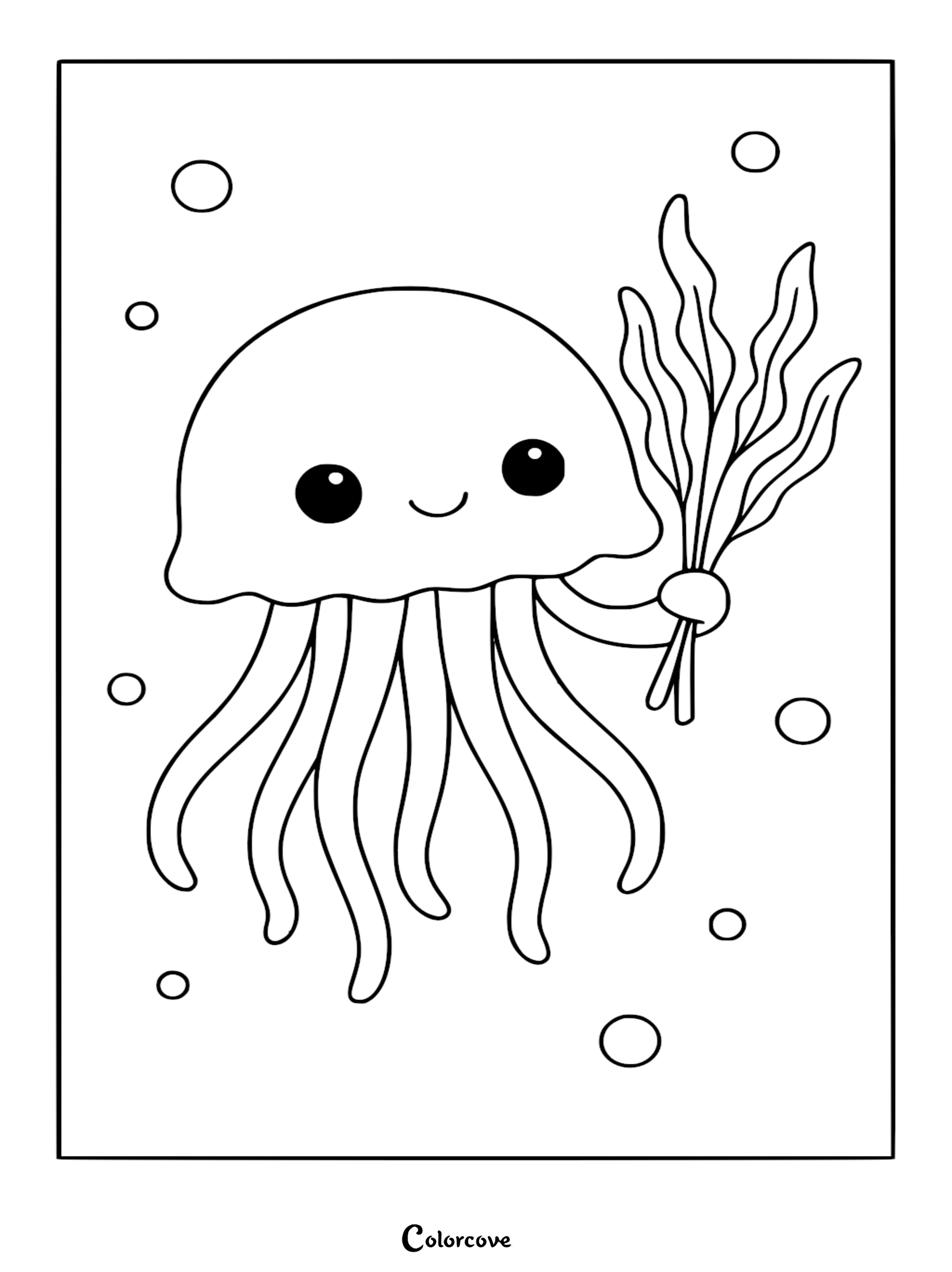 Cute relaxing jellyfish holding a bundle of seaweed surrounded by floating bubbles, coloring page design.