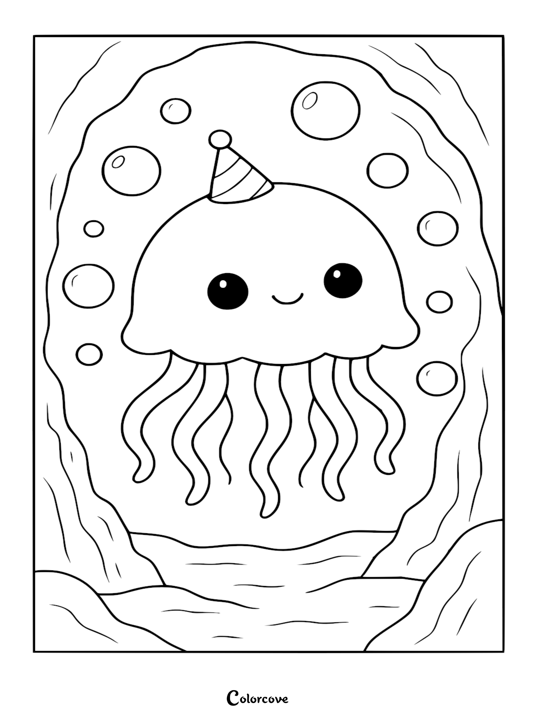 A printable coloring page featuring a kawaii jellyfish wearing a striped party hat surrounded by floating bubbles and underwater seaweed.