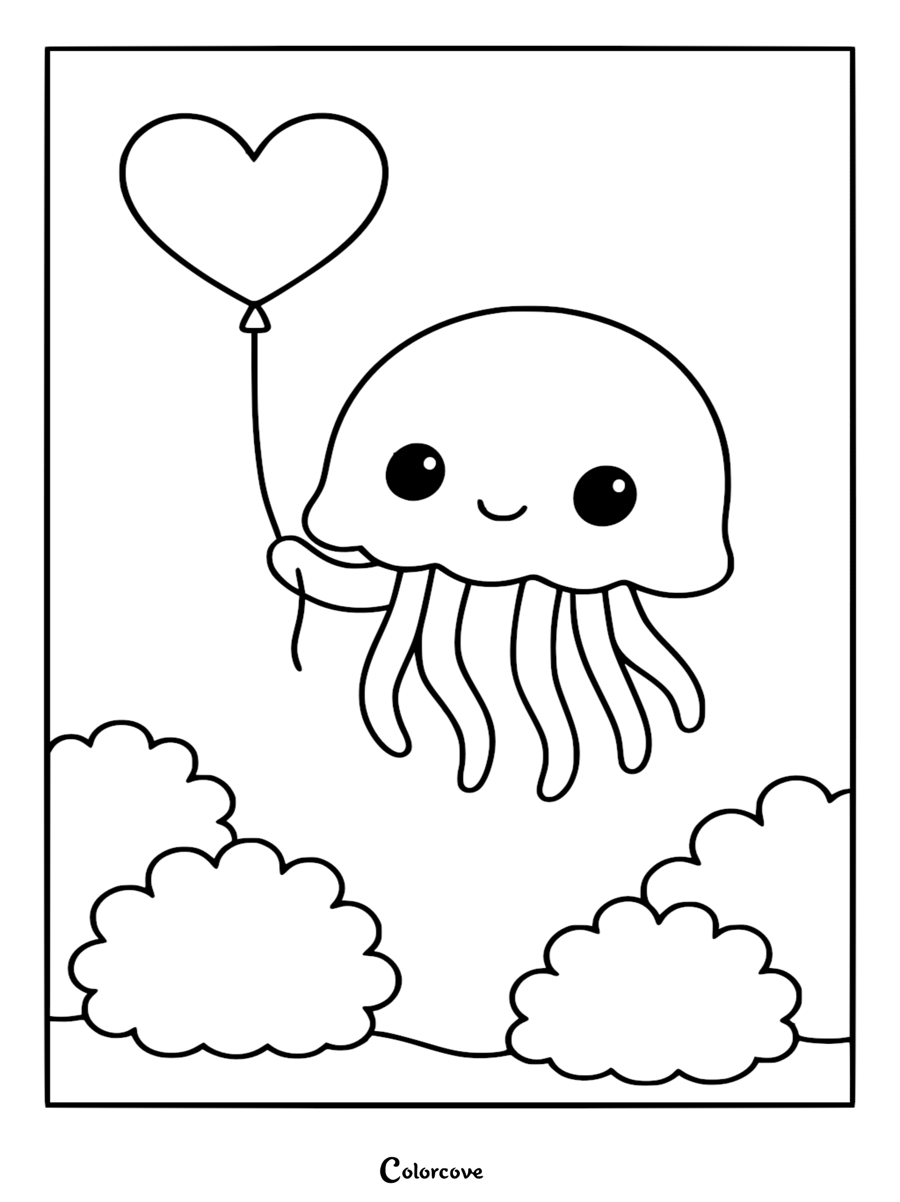 Cute kawaii relaxing jellyfish holding a heart-shaped balloon above fluffy clouds in this black and white printable coloring page.